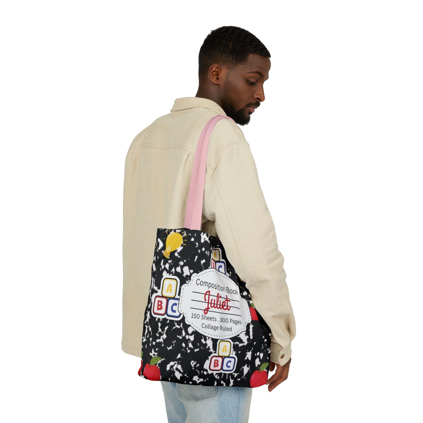 Personalized Black Composition Book Inspired Canvas Tote Bag with Colorful Straps, Cute School Bag, Eco-Friendly Tote, Back to School Shopping Bag, Teacher Gift Idea
