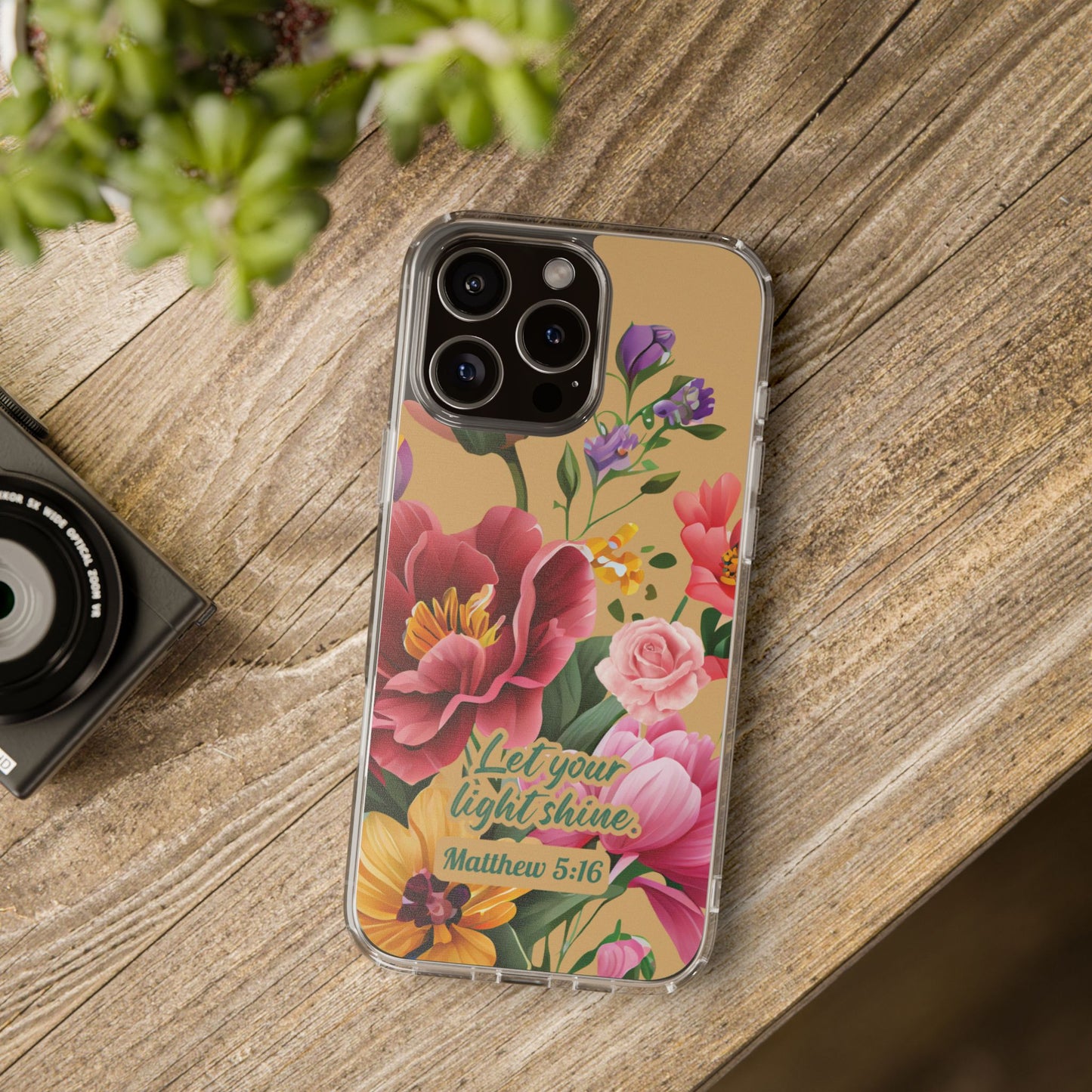 Clear Floral Bible Verse Phone Case — "Let Your Light Shine" (Matthew 5:16) for iPhone and Samsung Cases.