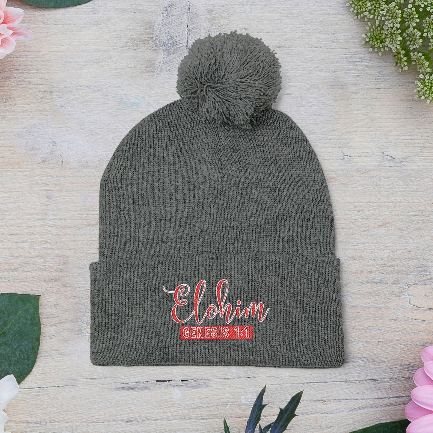 Red Pom-Pom Knit Cap with 'ELOHIM, GENESIS 1:1'  Embroidery Beanie - Stylish Winter Accessory for All Ages, Perfect Gift for Birthdays, Holidays, and Outdoor Activities