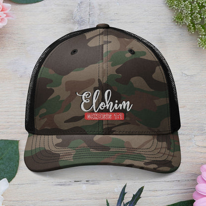 Camouflage Embroidered Trucker Hat with 'ELOHIM, GENESIS 1:1', Casual Style Hat, Adjustable, Unisex, Perfect Gift for Outdoors, Festivals, Daily Wear.