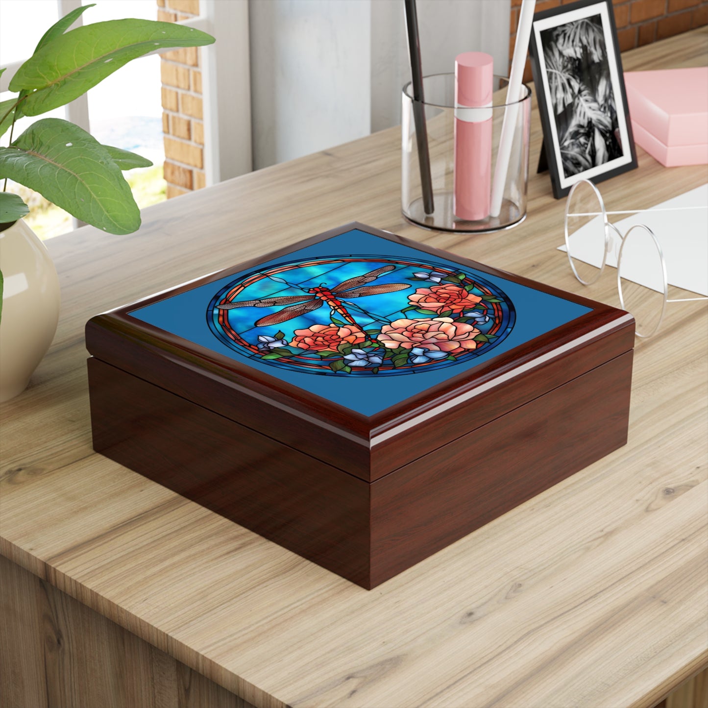 Stained Glass Dragonfly Jewelry Box — Floral Keepsake Box for Women