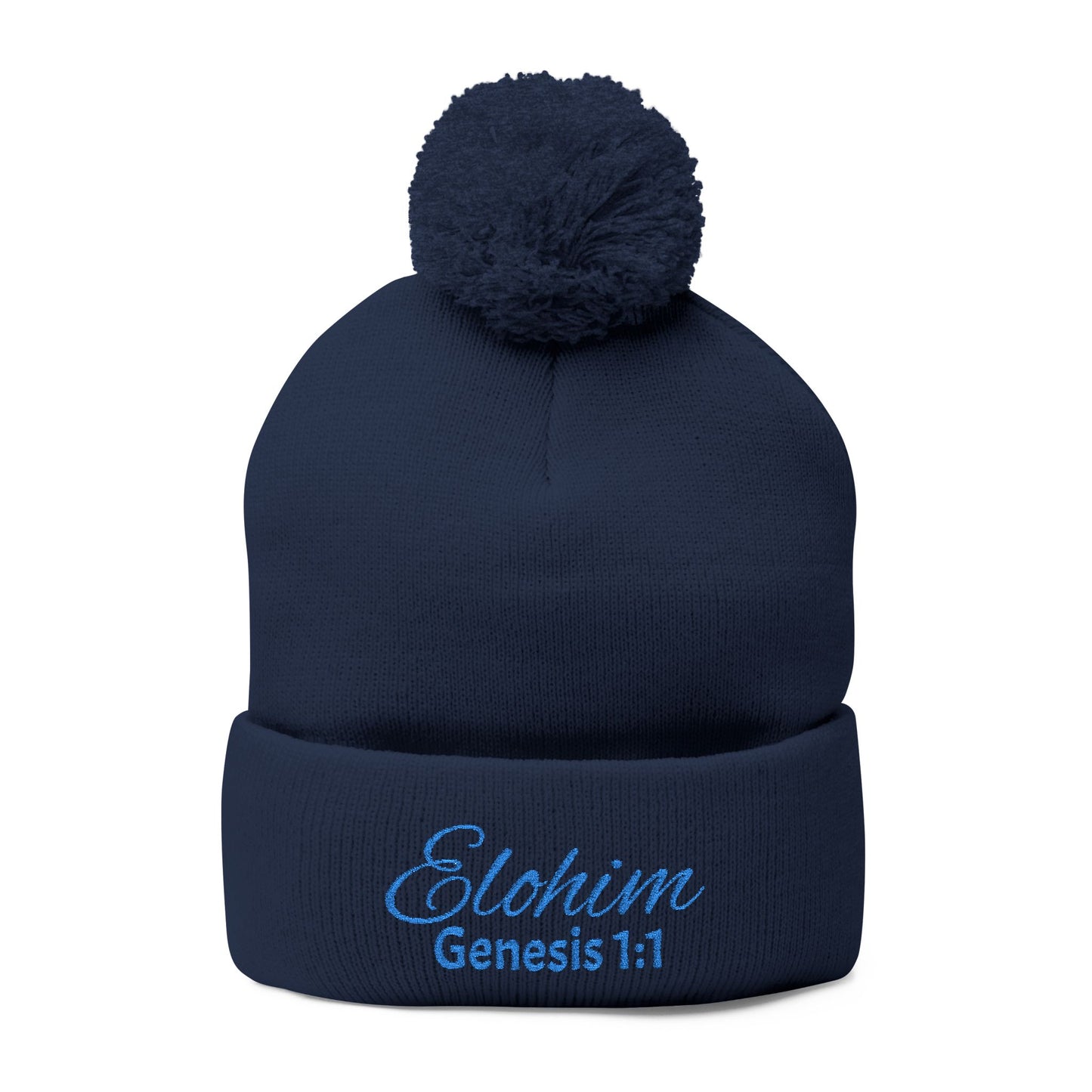 Pom-Pom Knit Cap with 'ELOHIM, GENESIS 1:1'  Embroidery Beanie - Stylish Winter Accessory for All Ages, Perfect Gift for Birthdays, Holidays, and Outdoor Activities