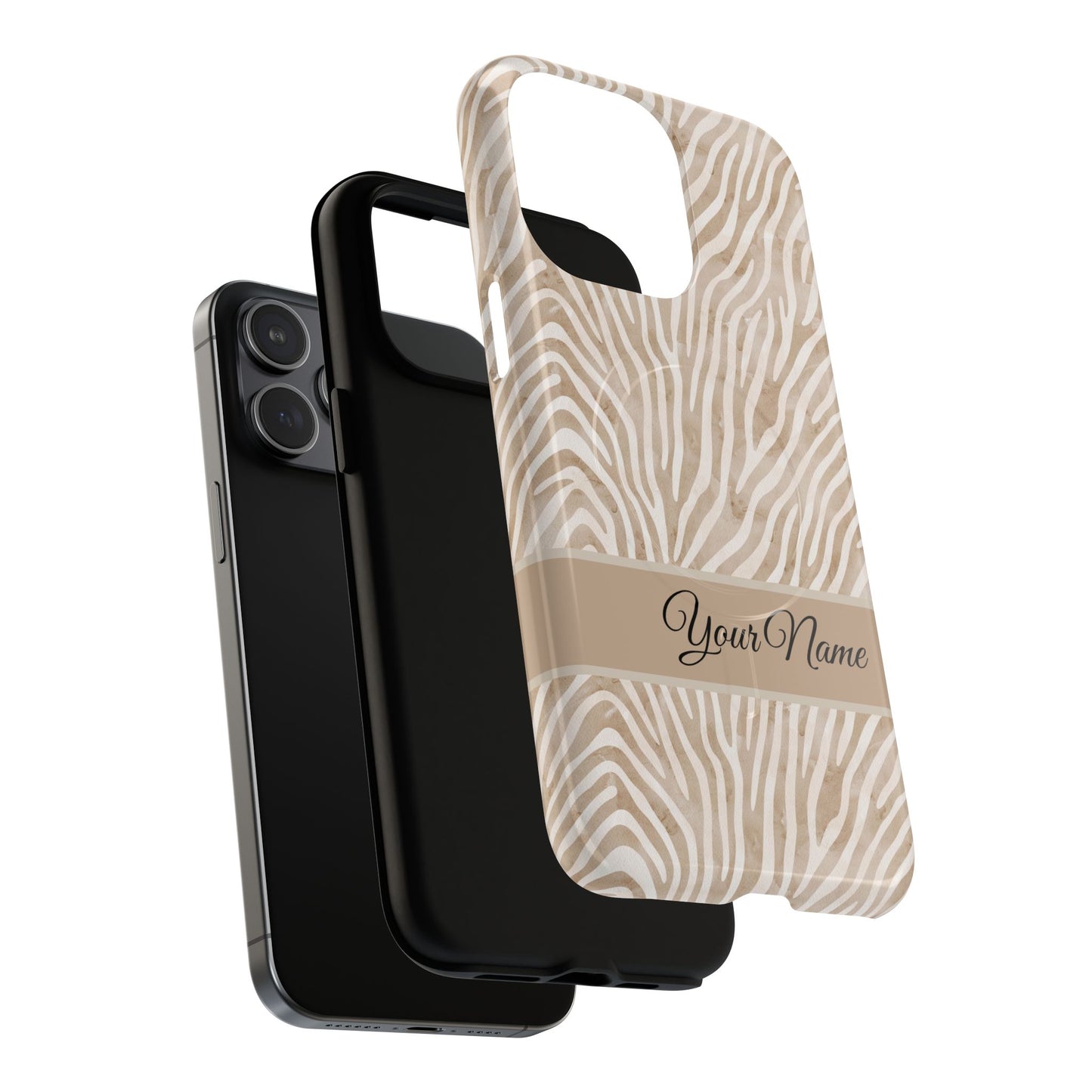 Personalized Zebra Animal Print Cover, Tough Magnetic MagSafe® iPhone® 13, 14, 15, 16, 17, Pro, Pro Max, Plus Cases (Custom Name).