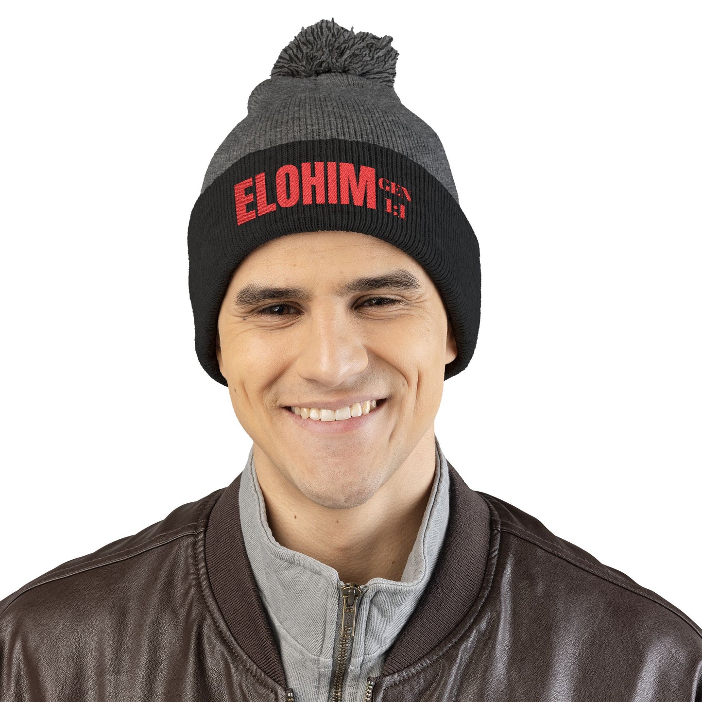 Red Pom-Pom Knit Cap with 'ELOHIM, GENESIS 1:1'  Embroidery Beanie - Stylish Winter Accessory for All Ages, Perfect Gift for Birthdays, Holidays, and Outdoor Activities