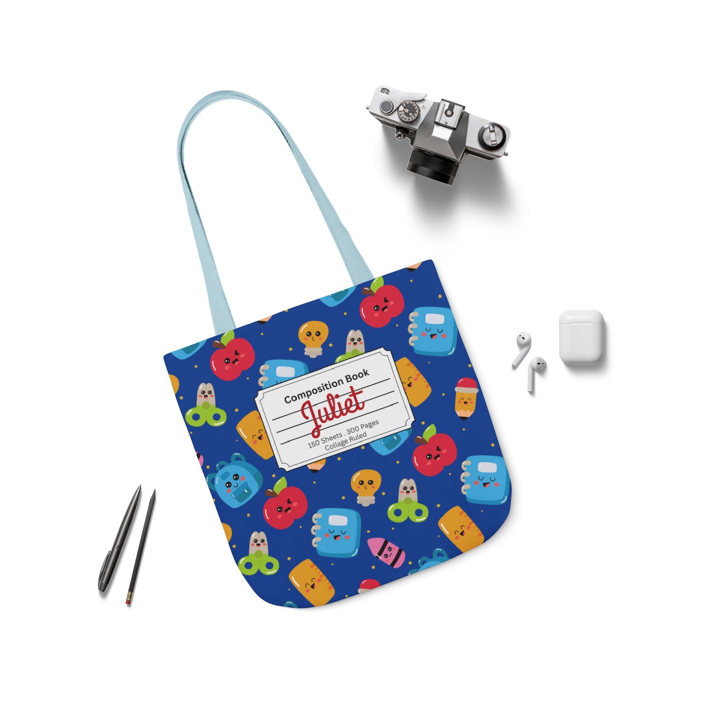 Personalized Blue Kawaii Composition Book Inspired Canvas Tote Bag with Colorful Straps, Cute School Bag, Eco-Friendly Tote, Back to School Shopping Bag, Teacher Gift Idea