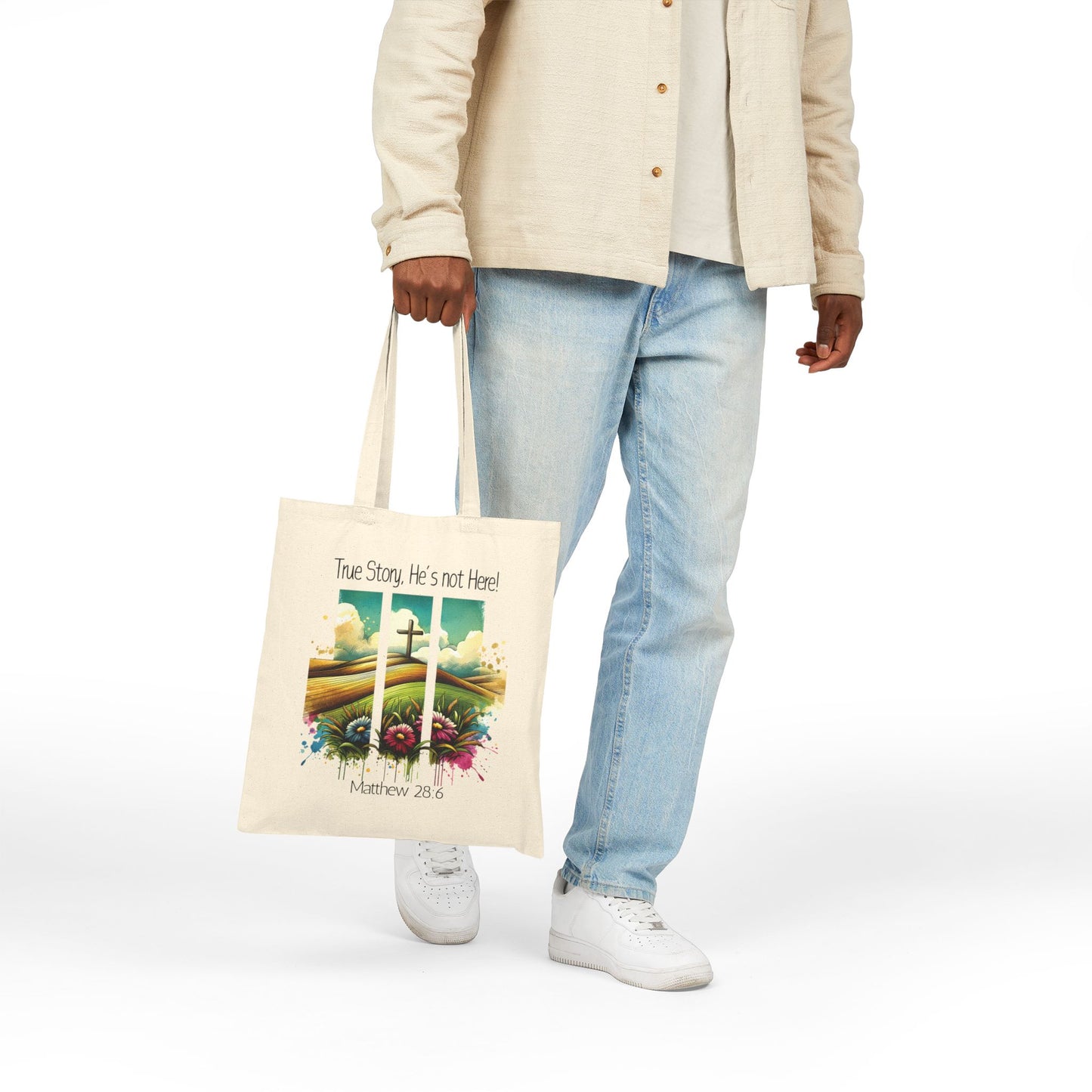 Inspirational Cotton Canvas Tote Bag - "True Story, He's Not Here!" - Perfect for Everyday Use & Faith-Based Gifts