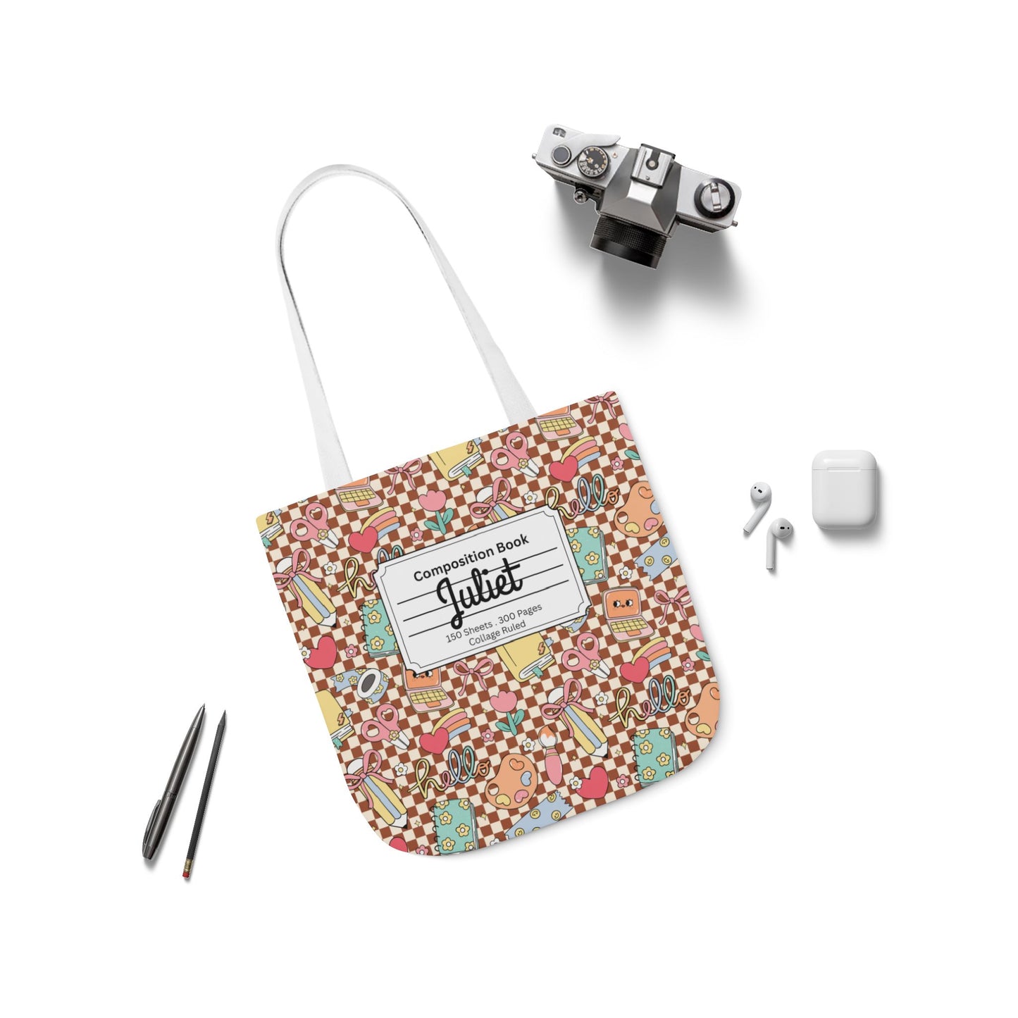 Personalized Brown Doodle Daydream Composition Book Inspired Canvas Tote Bag with Colorful Straps, Cute School Bag, Eco-Friendly Tote, Back to School Shopping Bag, Teacher Gift Idea