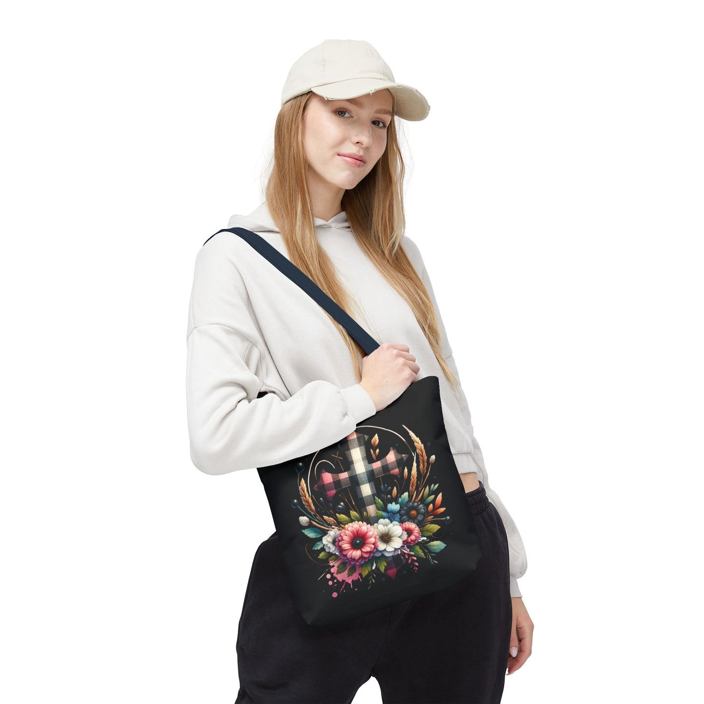 Faith and Floral Cross Heart Tote Bag