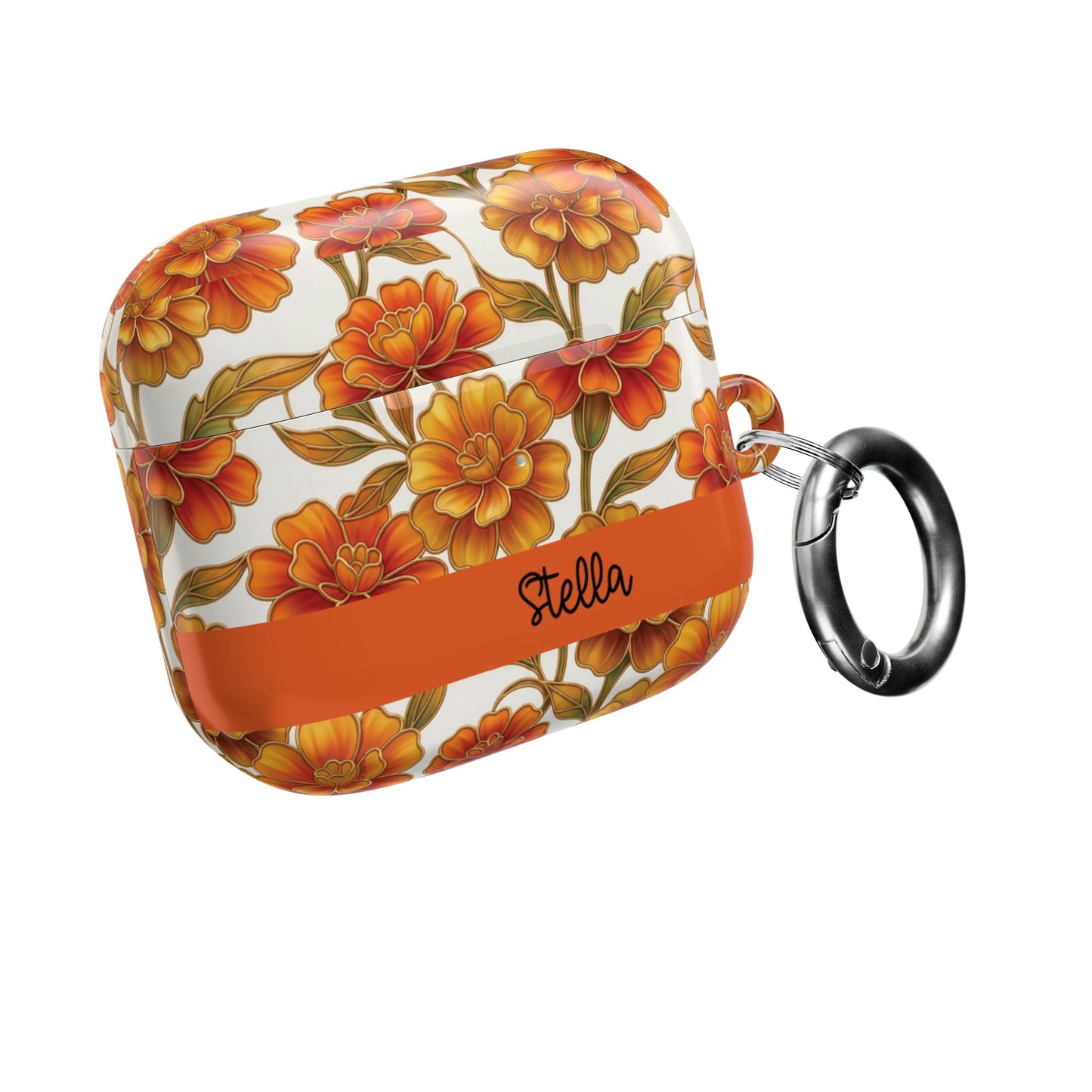 Stained Glass Effect Floral Orange Marigold AirPod Case — Personalized Name Option