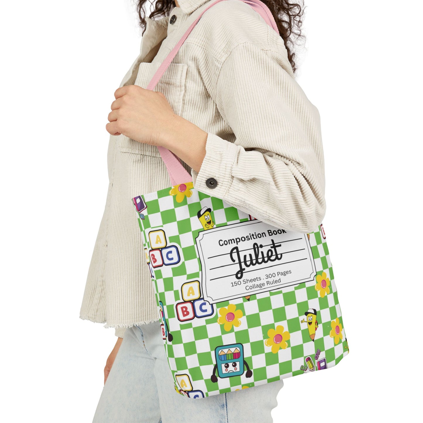 Personalized Green Schoolyard Chic Composition Book Inspired Canvas Tote Bag with Colorful Straps, Cute School Bag, Eco-Friendly Tote, Back to School Shopping Bag, Teacher Gift Idea