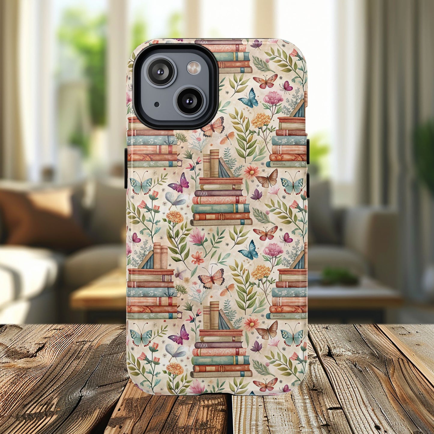 Colorful Bookworm Tough Magnetic iPhone Case,  Floral Butterfly Print, Gift for Readers, Tough IPhone Protective Cover, Bookish iPhone Case.