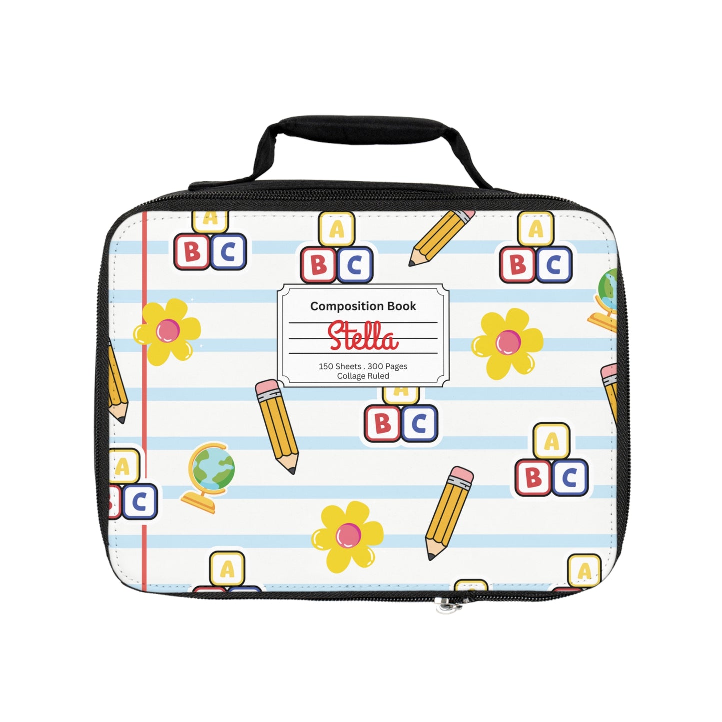 Personalized White SchoolYard Chic Composition Book Inspired Colorful Kids Lunch Bag for School, Snack Bag, Lunch Tote, Lunchbox, Kids' Bag with Fun Back to School Design