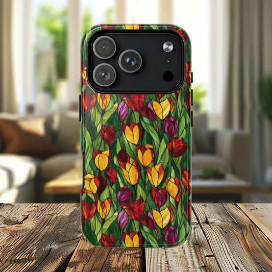 Floral Luminous Whirl Tough Magnetic iPhone Case, Stylish Protection for Everyday Life, Gift for Flower Lovers, Unique iPhone Accessory, Stained Glass iPhone Protection.