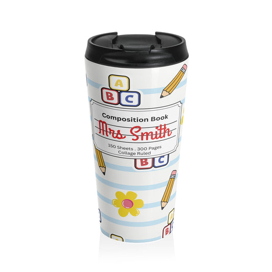 Customizable White SchoolYard Chic Composition Book Inspired Travel Mug, Personalized Gift for Teachers, Back to School Drinkware, Christmas Present, Stylish Coffee Cup