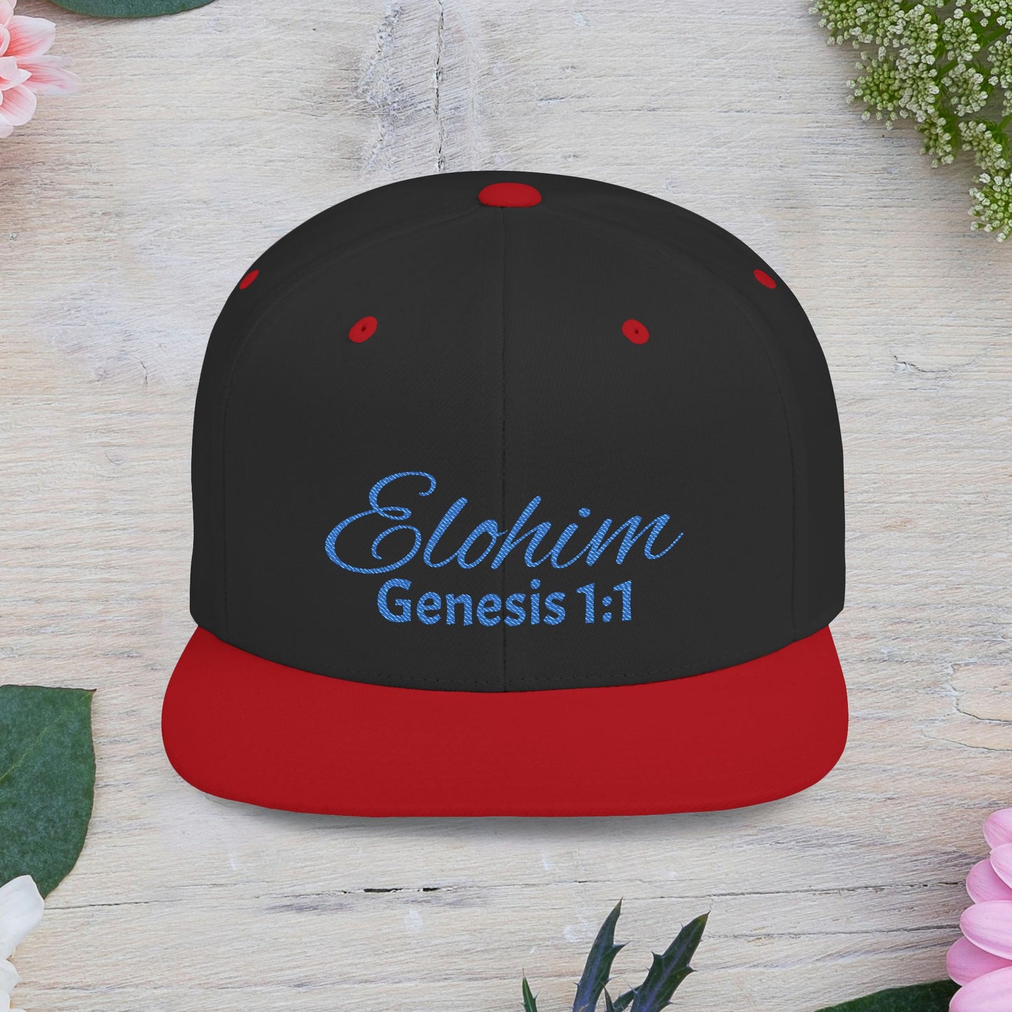 Blue Embroidery 'ELOHIM, GENESIS 1:1' Flat Bill Snapback Hat, Stylish Cap for Everyday Wear, Church Events, Gift for Him/Her, Streetwear Accessory, Casual Fashion