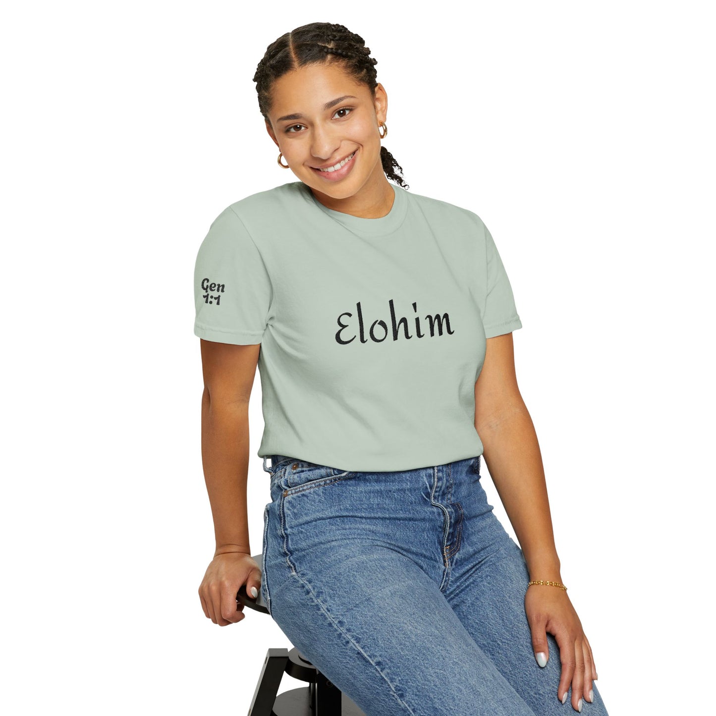 Embroidery 'ELOHIM, GENESIS 1:1' - Faith-Based Unisex Garment-Dyed Comfort Colors T-shirt, Faith Gift Tee, Religious Tee, Embroidery Tee.