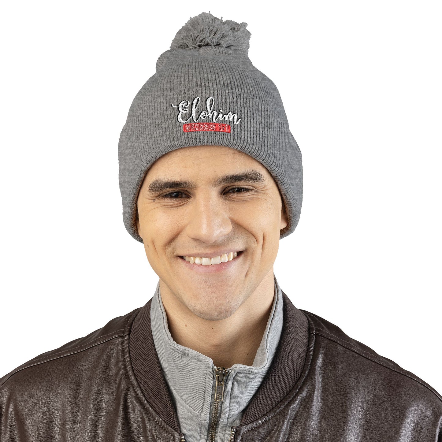 Pom-Pom Knit Cap with 'ELOHIM, GENESIS 1:1'  Embroidery Beanie - Stylish Winter Accessory for All Ages, Perfect Gift for Birthdays, Holidays, and Outdoor Activities