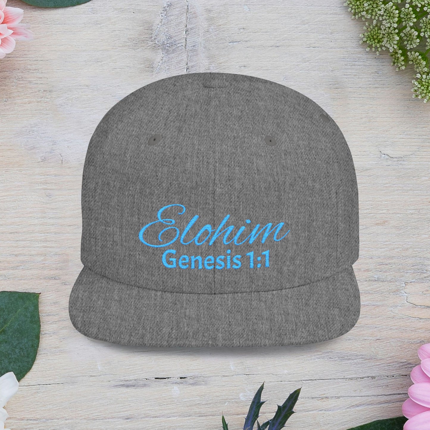 Teal Embroidery 'ELOHIM, GENESIS 1:1' Flat Bill Snapback Hat, Stylish Cap for Everyday Wear, Church Events, Gift for Him/Her, Streetwear Accessory, Casual Fashion