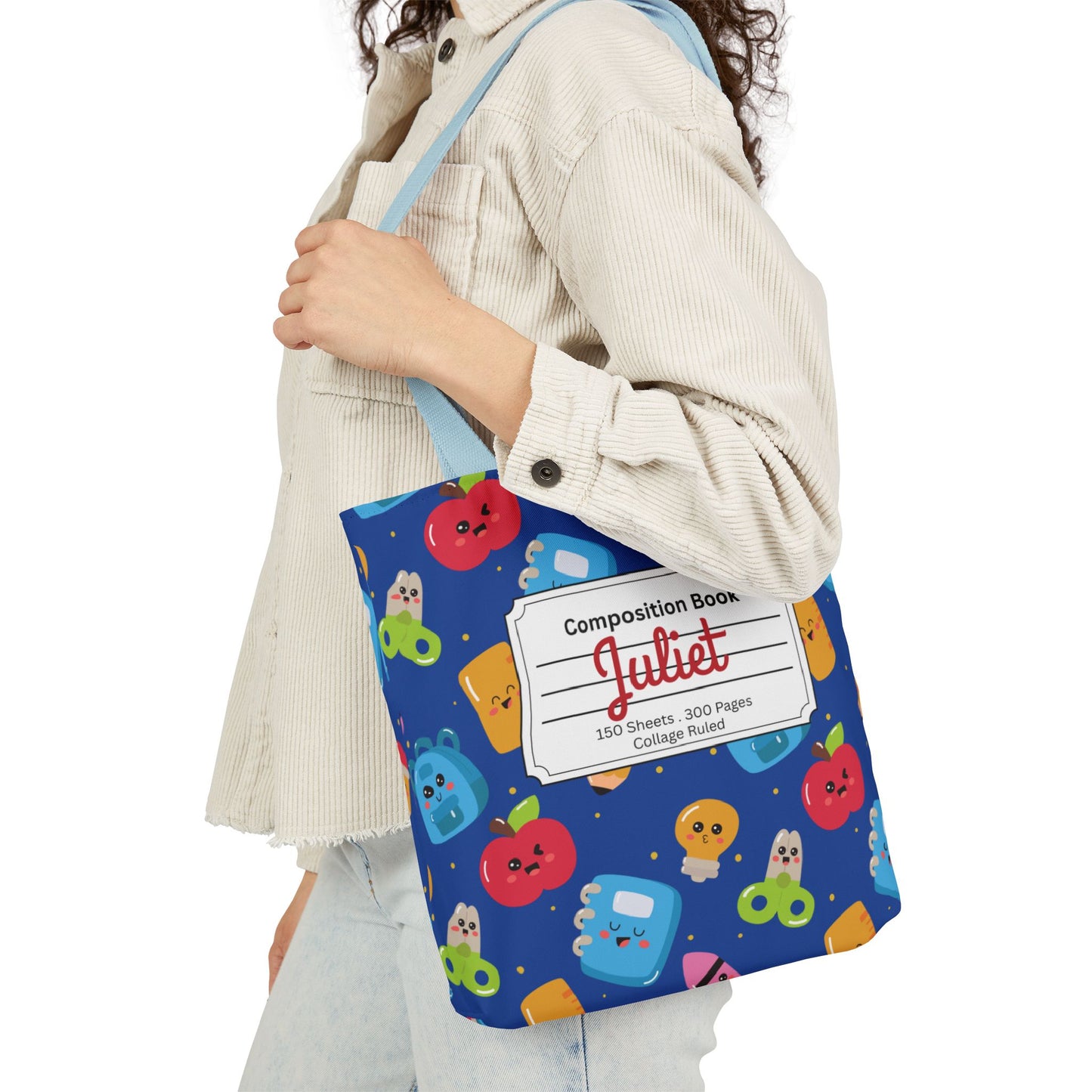 Personalized Blue Kawaii Composition Book Inspired Canvas Tote Bag with Colorful Straps, Cute School Bag, Eco-Friendly Tote, Back to School Shopping Bag, Teacher Gift Idea