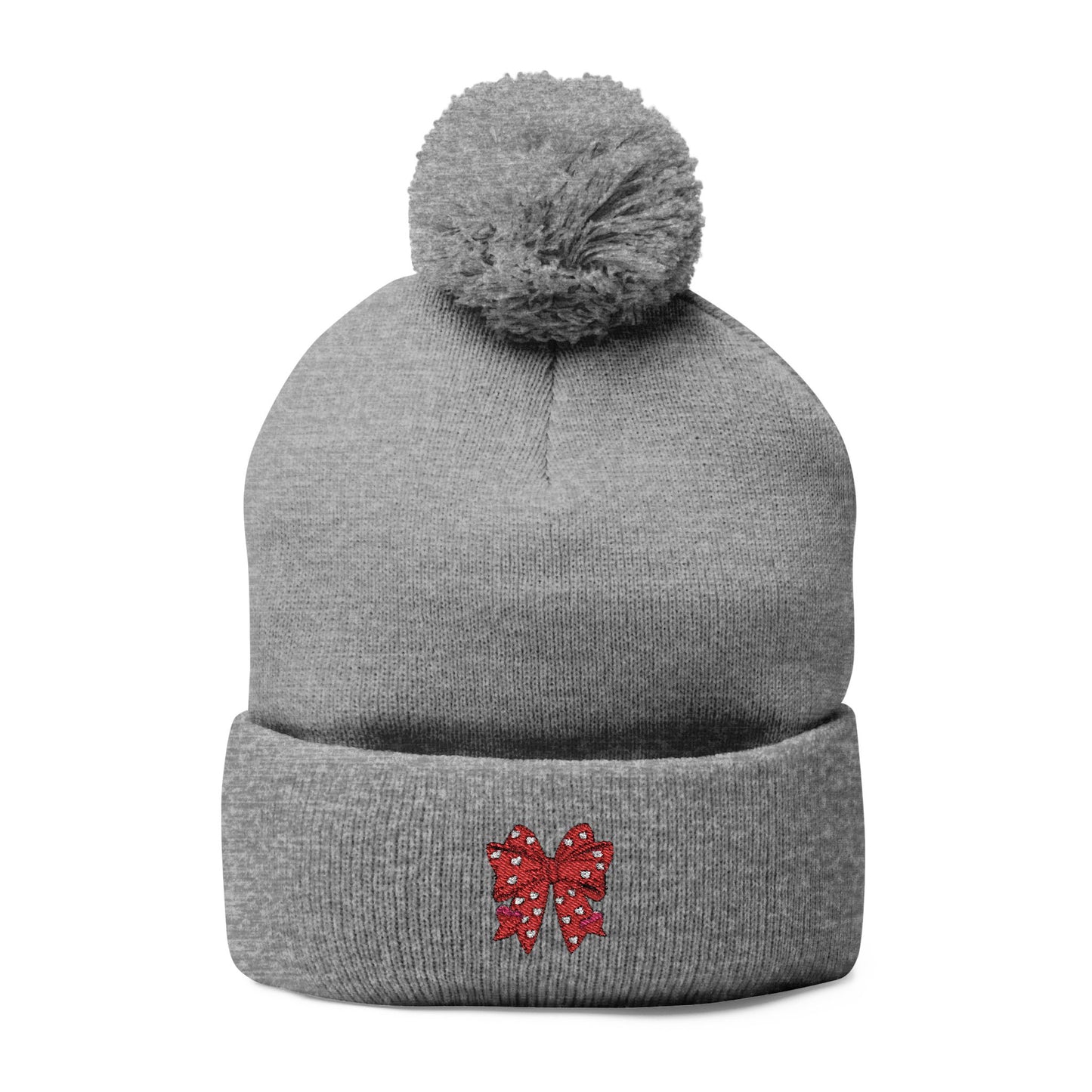 Cozy Pom-Pom Coquette Knit Cap with Embroidered Red Bow