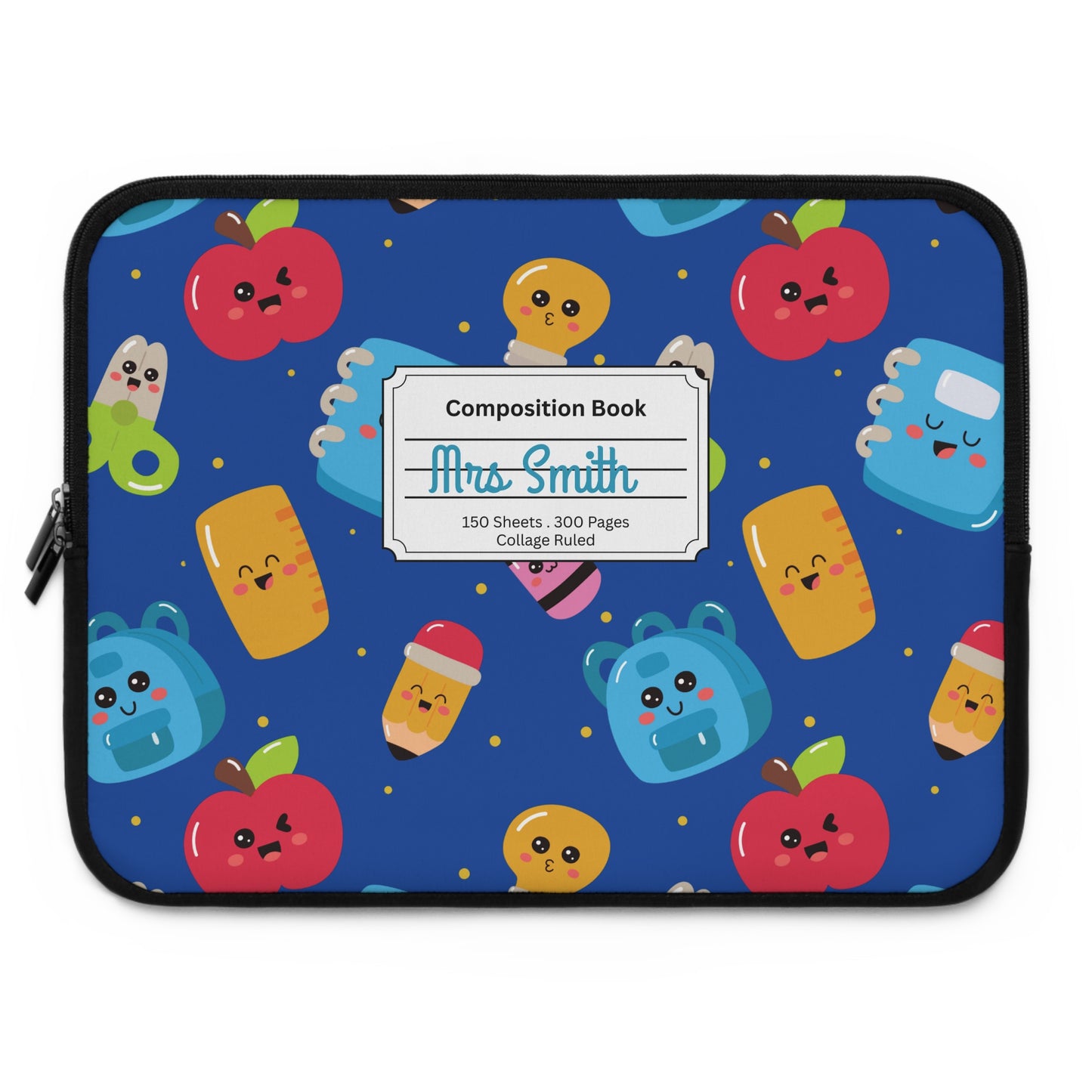 Personalized Blue Kawaii Laptop Sleeve with Composition Book Inspired Design, Customizable Tech Case, School Supplies, Gift for Students, College Essentials, Back to School