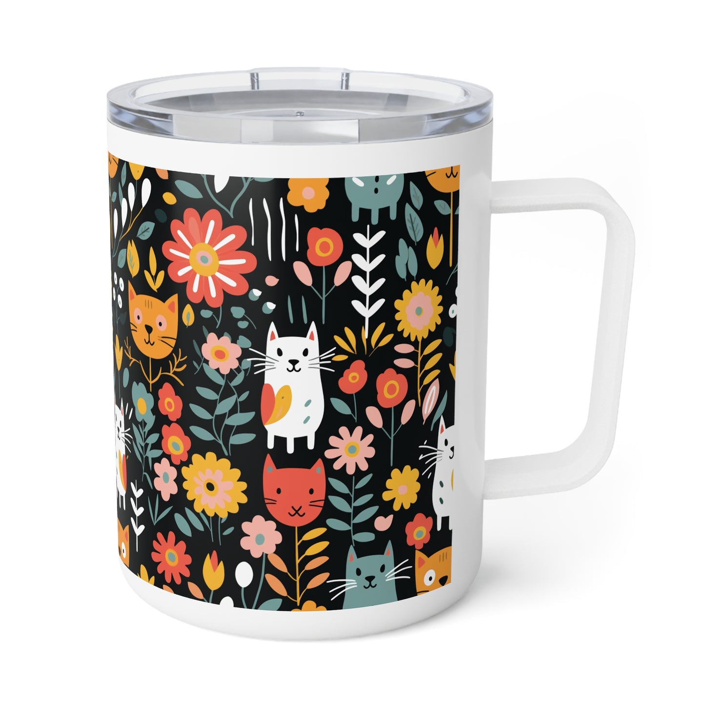 Whimsical Feline Garden Insulated Coffee Mug, 10oz