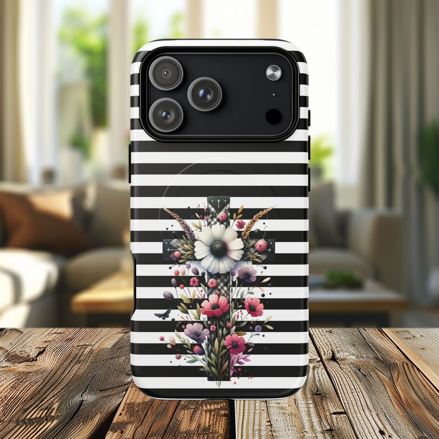 Faith in Bloom Tough iPhone Magnetic Case, iPhone Accessories, Floral iPhone Cover, Durable Cases for Gifts, Black and White Stripes