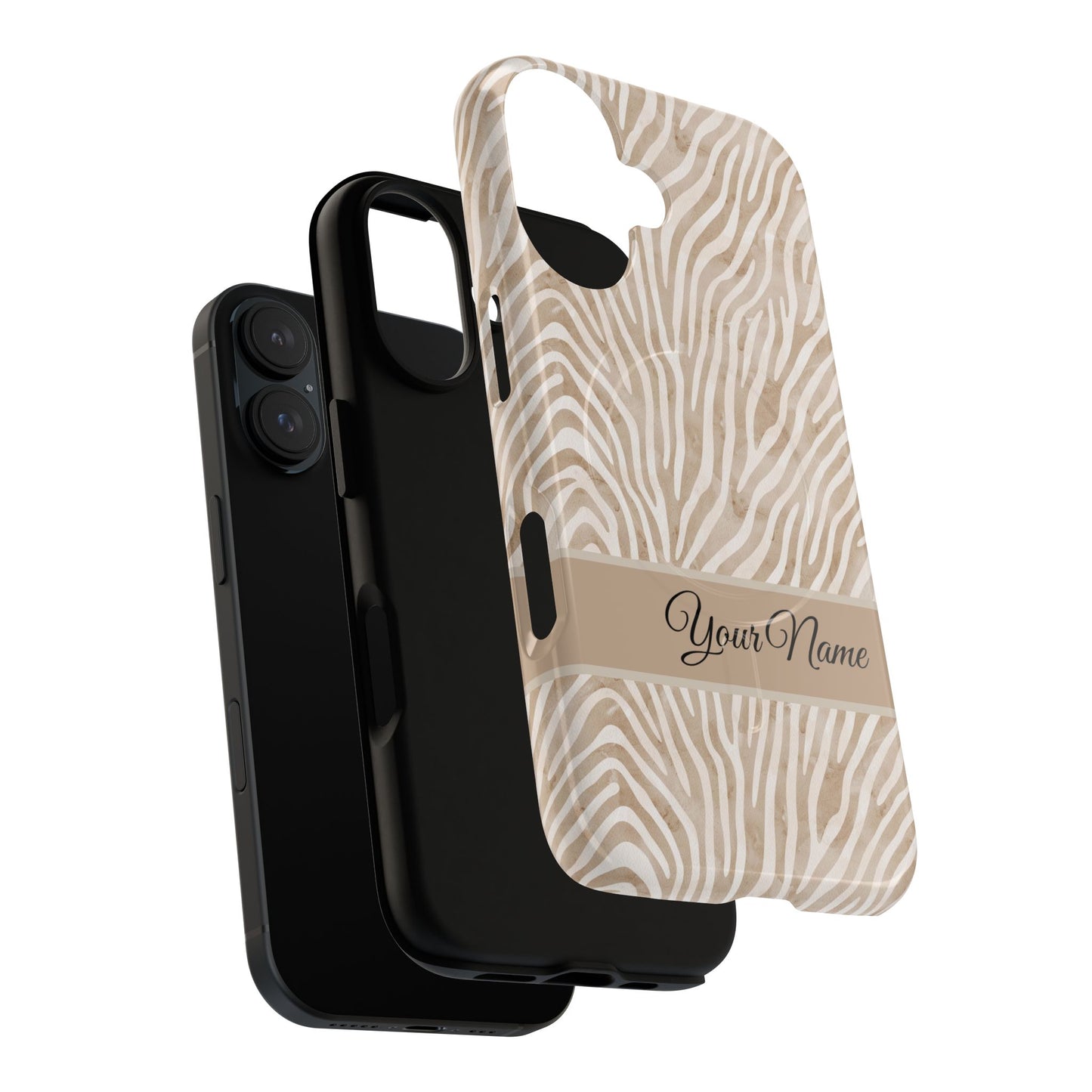 Personalized Zebra Animal Print Cover, Tough Magnetic MagSafe® iPhone® 13, 14, 15, 16, 17, Pro, Pro Max, Plus Cases (Custom Name).