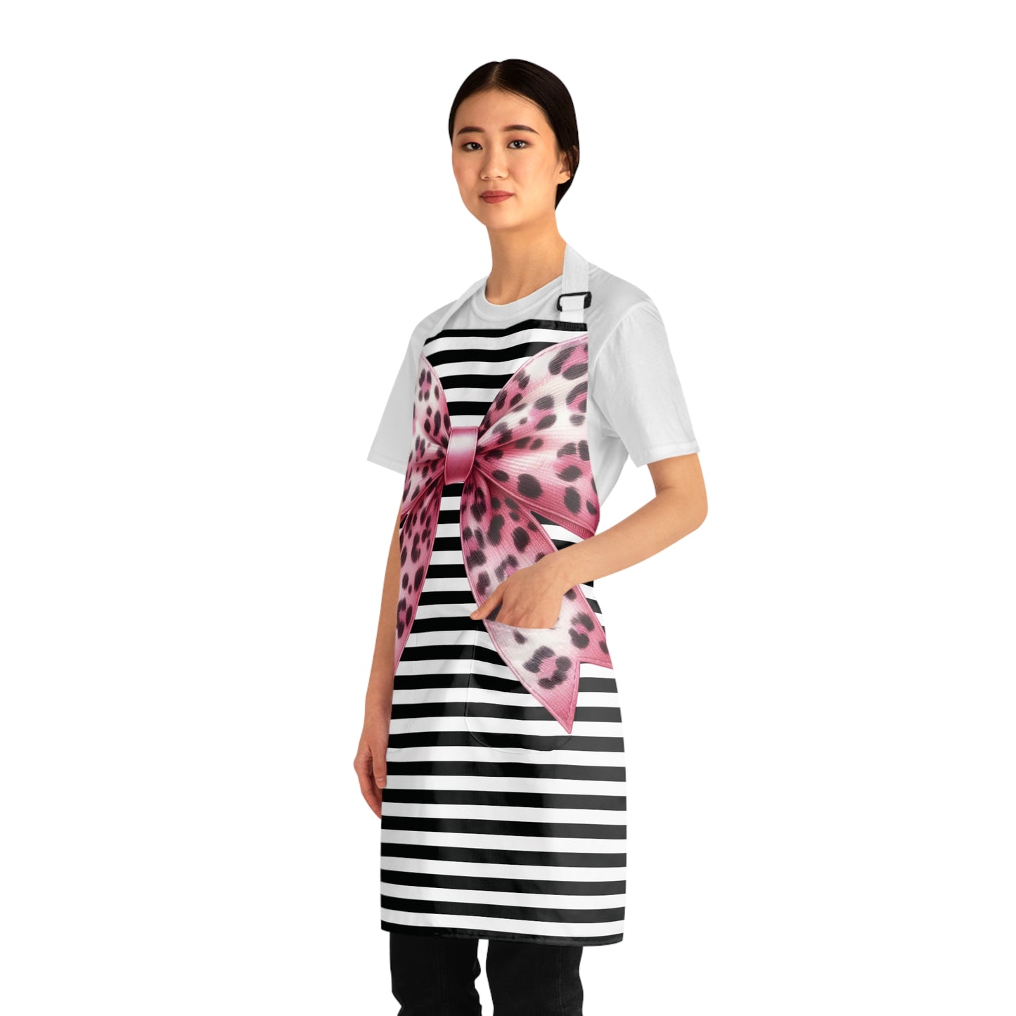 Striped Pink Animal Print Bow Grilling Apron with Tie Straps (AOP).