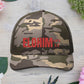 Red Camouflage Embroidered Trucker Hat with 'ELOHIM, GENESIS 1:1', Casual Style Hat, Adjustable, Unisex, Perfect Gift for Outdoors, Festivals, Daily Wear.