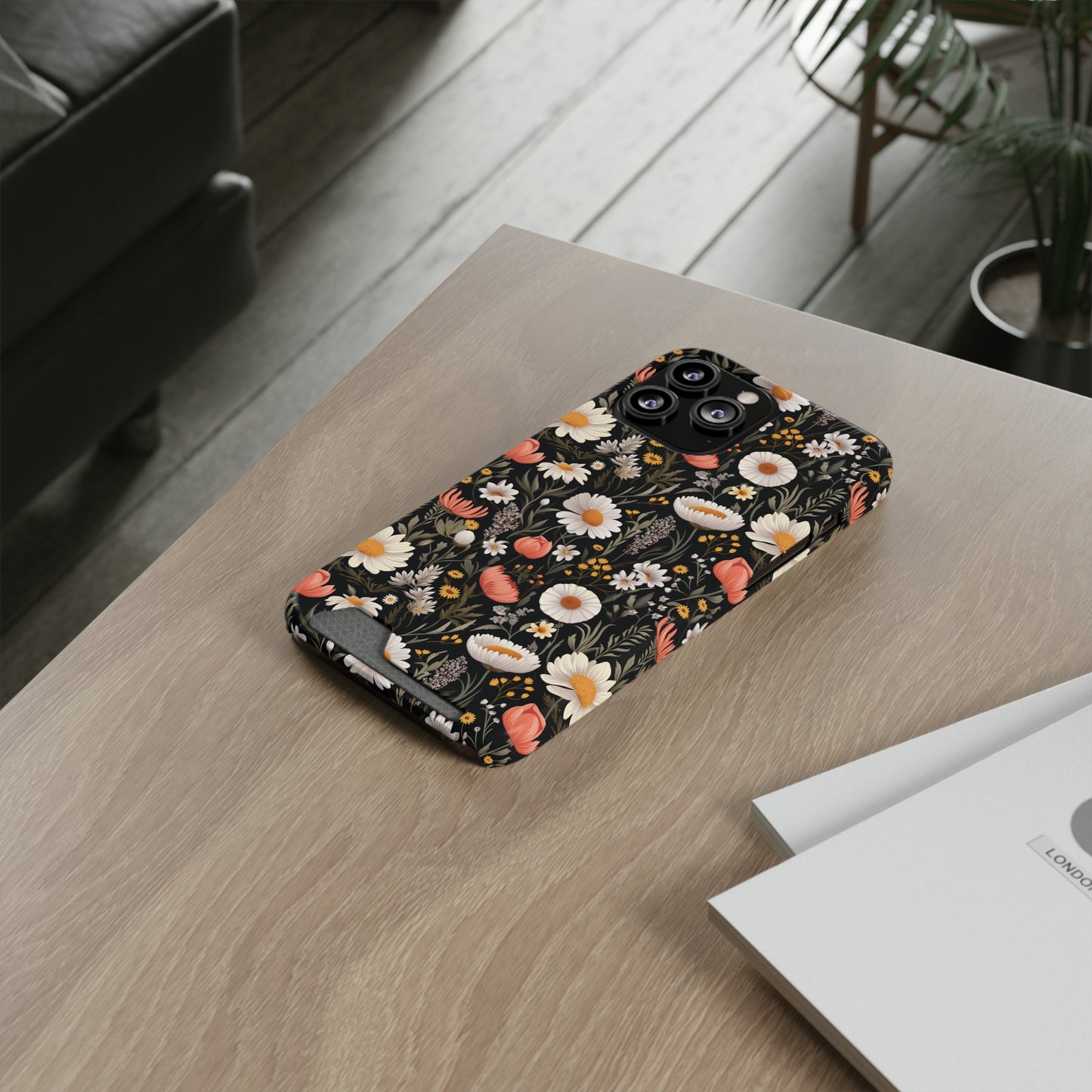 Blossom Elegance: Noir Garden iPhone and Samsung Case With Card Holder