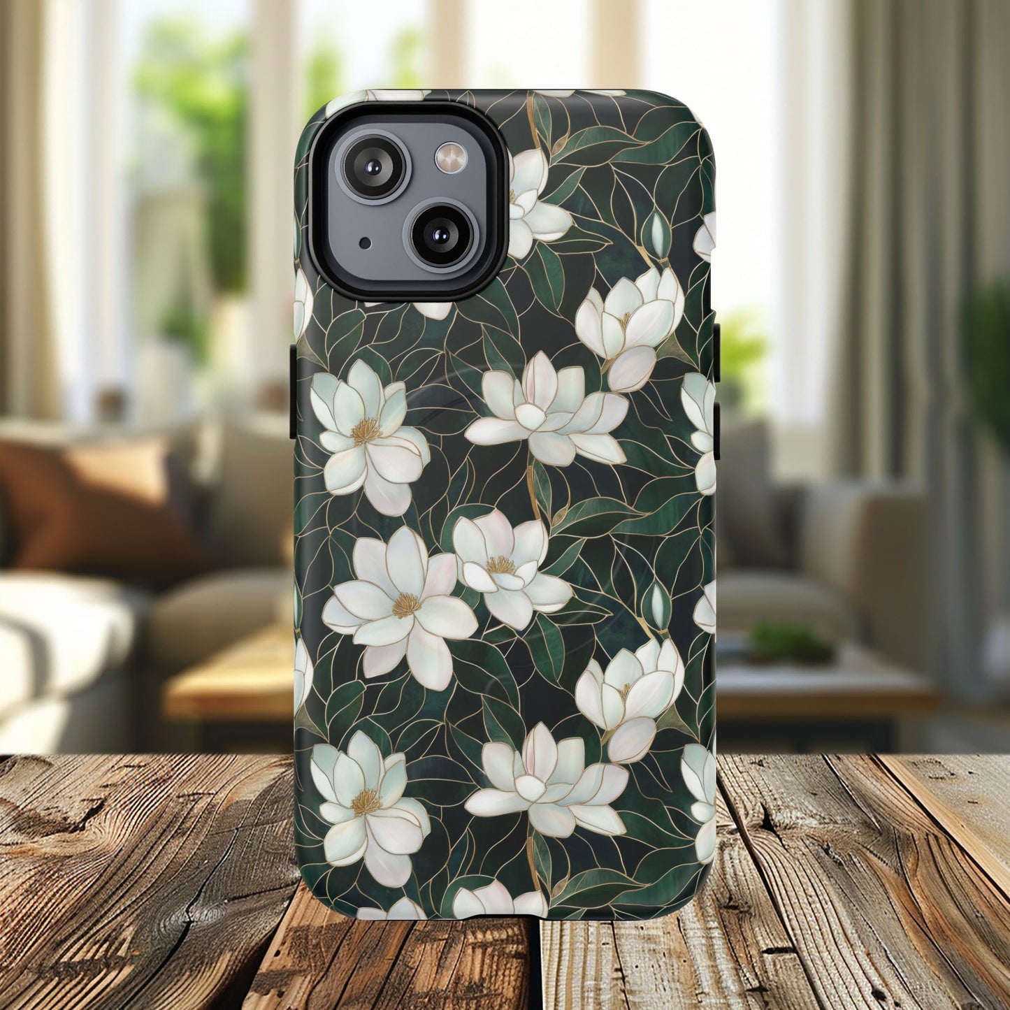 Midnight Magnolia Tough iPhone Magnetic Case, Stylish Stained Glass iPhone Protection, Nature Lover Gift, Spring Vibes