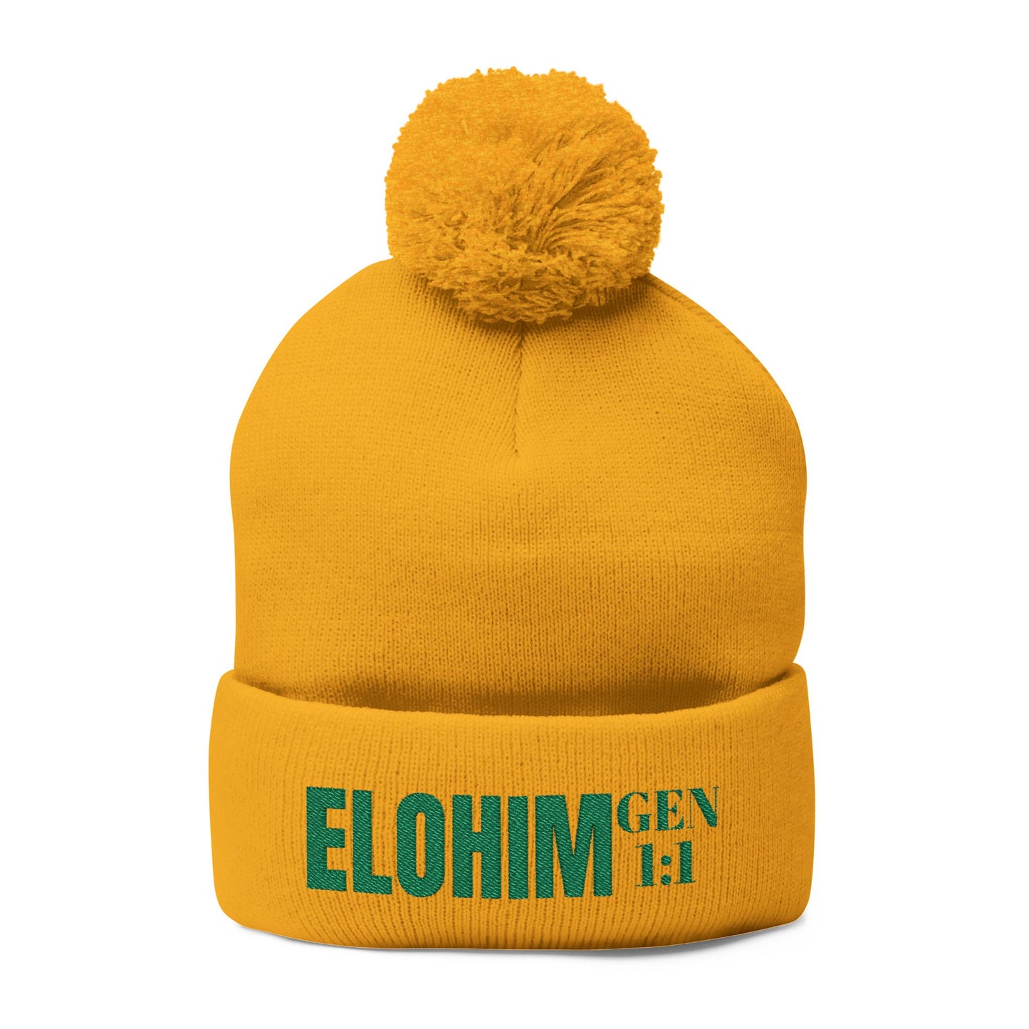 Pom-Pom Knit Cap with 'ELOHIM, GENESIS 1:1'  Embroidery Beanie - Stylish Winter Accessory for All Ages, Perfect Gift for Birthdays, Holidays, and Outdoor Activities