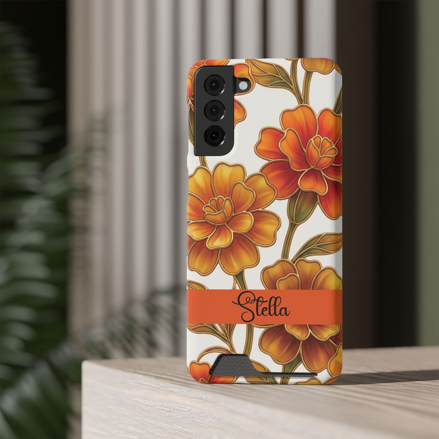 Personalized Orange Stained Glass Effect Marigold Floral Cardholder iPhone and Samsung Case
