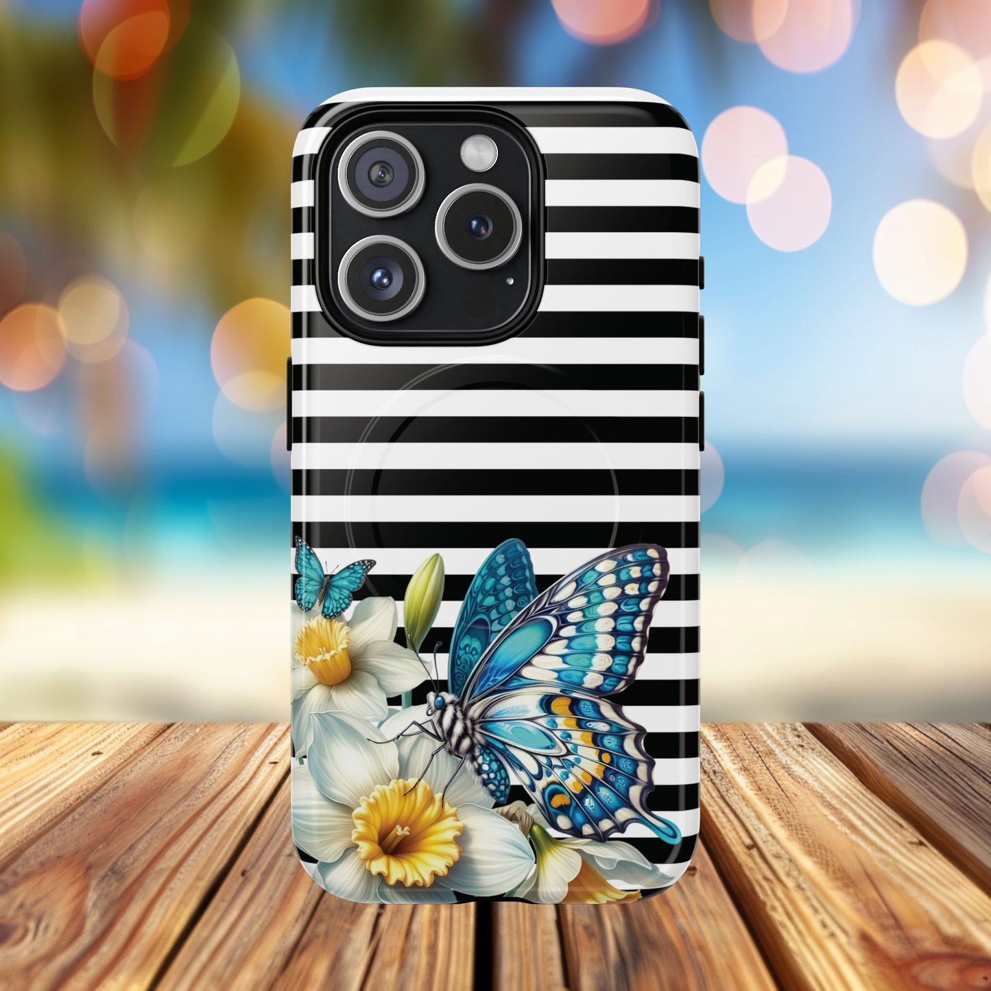 Daffodil Flutter Tough iPhone Magnetic Case, Floral iPhone Accessories, Stylish iPhone Cover, Black Striped Design, Gift for Her, Trendy iPhone