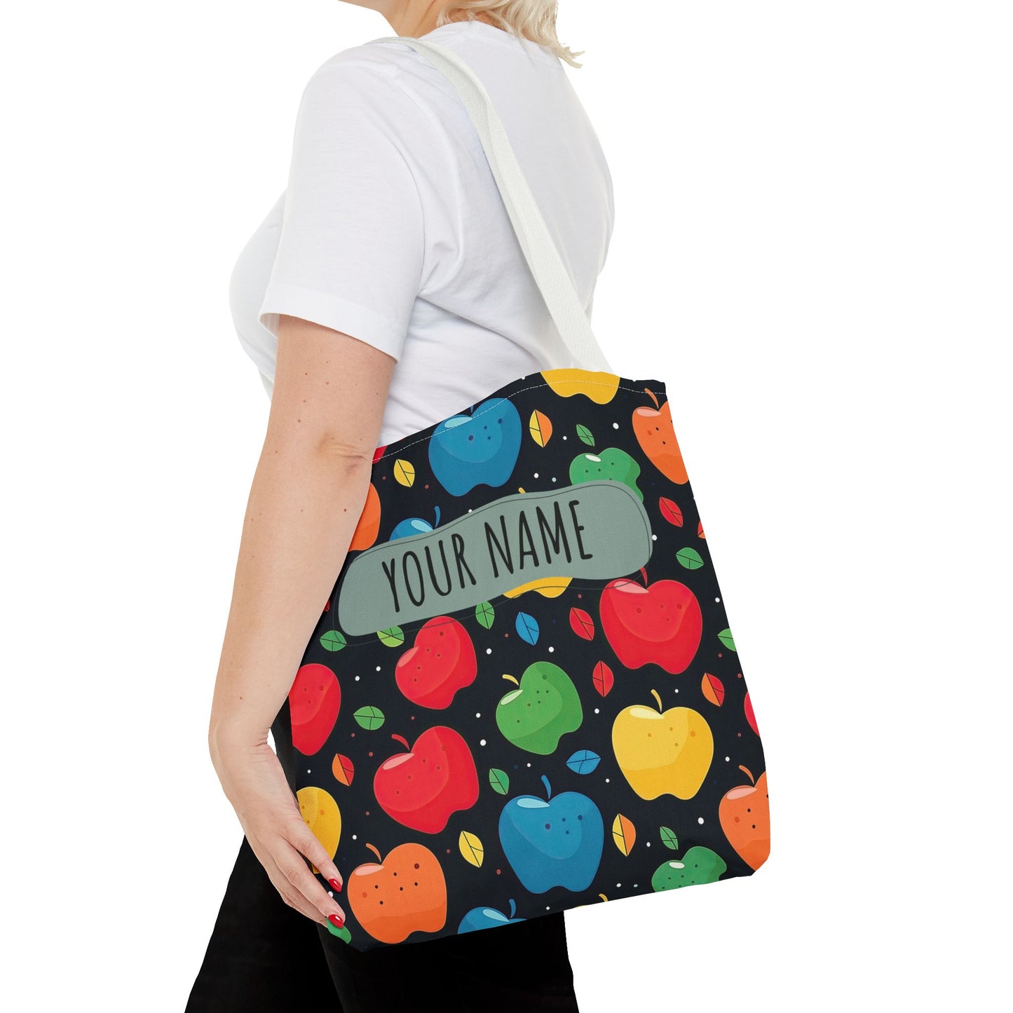 All-Over Apple Print Personalized Tote Bag — Durable Everyday Carry (3 Sizes, 5 Handle Colors)