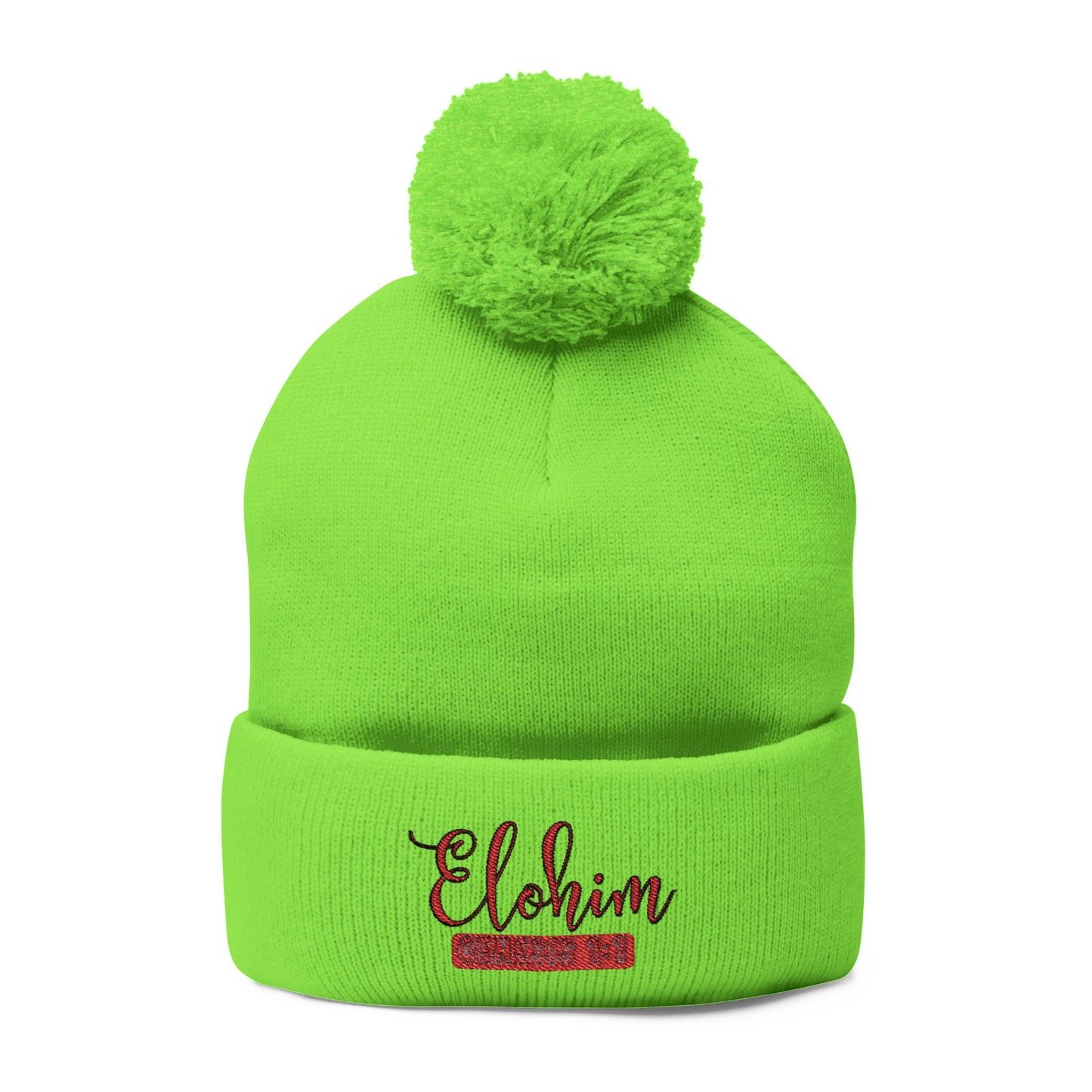 Red Pom-Pom Knit Cap with 'ELOHIM, GENESIS 1:1'  Embroidery Beanie - Stylish Winter Accessory for All Ages, Perfect Gift for Birthdays, Holidays, and Outdoor Activities