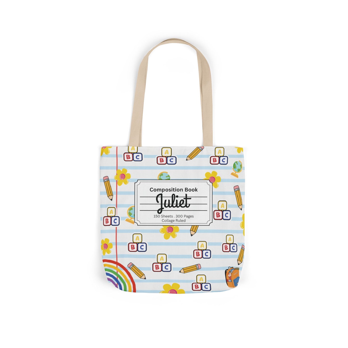 Personalized White Schoolyard Chic Composition Book Inspired Canvas Tote Bag with Colorful Straps, Cute School Bag, Eco-Friendly Tote, Back to School Shopping Bag, Teacher Gift Idea