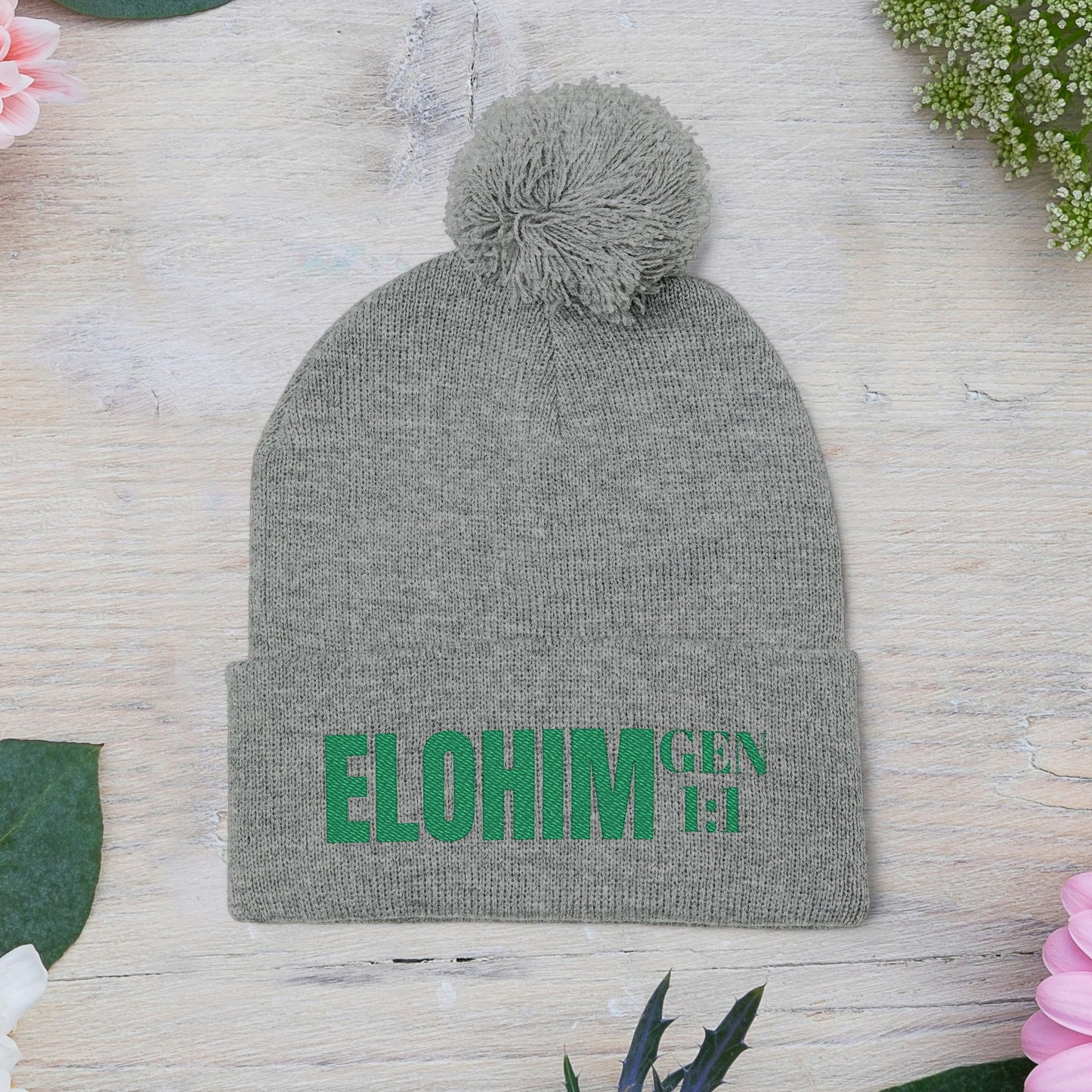 Pom-Pom Knit Cap with 'ELOHIM, GENESIS 1:1'  Embroidery Beanie - Stylish Winter Accessory for All Ages, Perfect Gift for Birthdays, Holidays, and Outdoor Activities