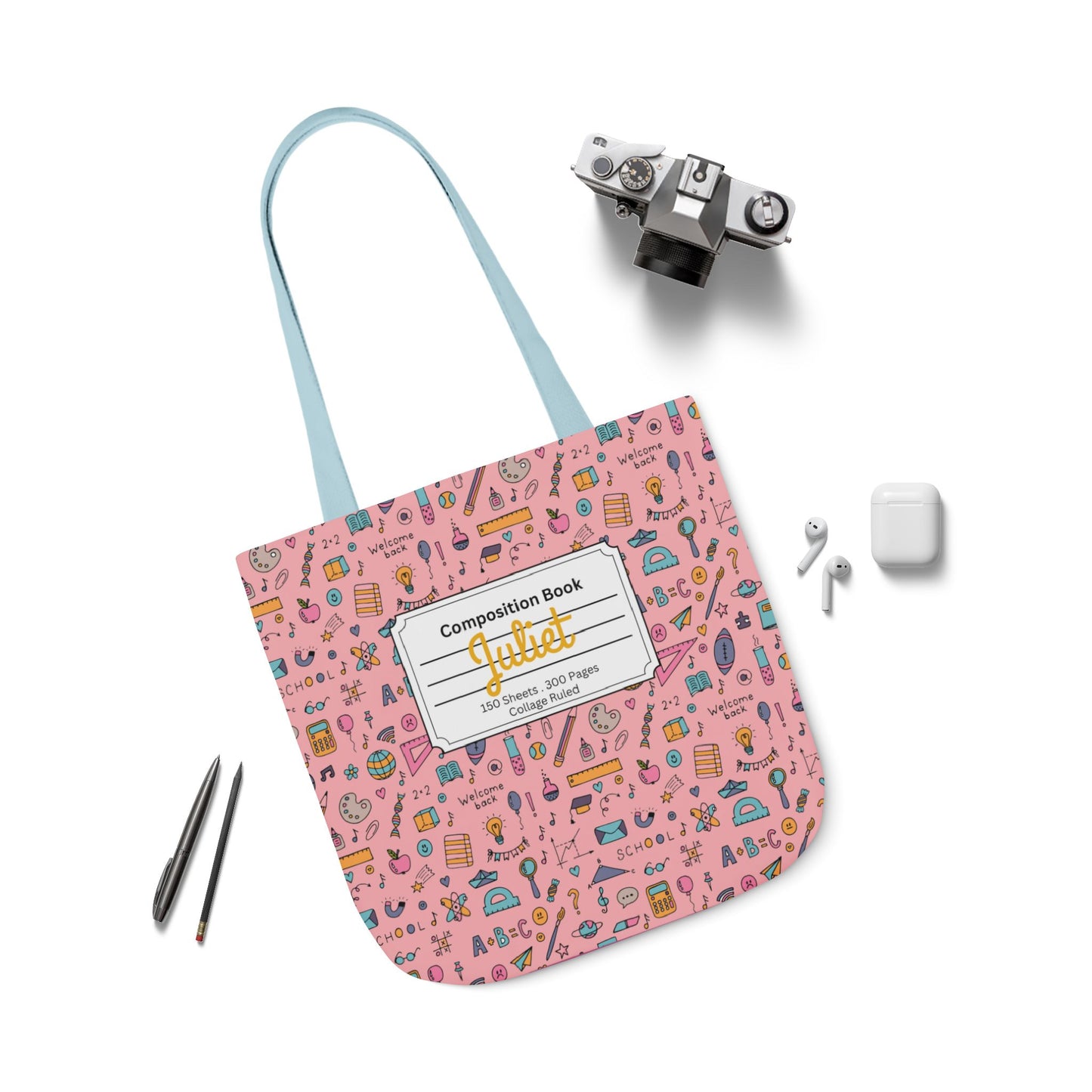 Personalized Pink Chalkboard Chic Composition Book Inspired Canvas Tote Bag with Colorful Straps, Cute School Bag, Eco-Friendly Tote, Back to School Shopping Bag, Teacher Gift Idea