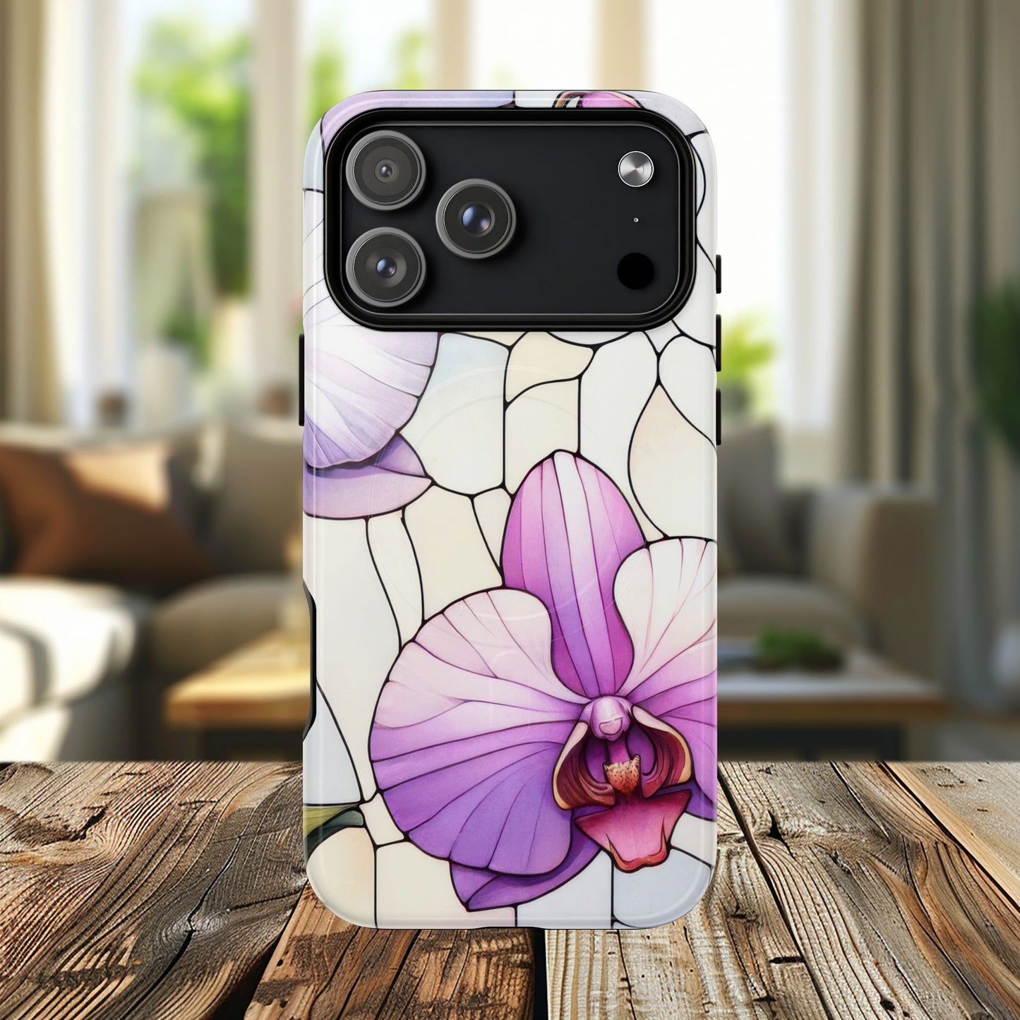 Orchid Grace Tough iPhone Magnetic Case, Protective iPhone Cover, Trendy Stained Glass Design, Floral Gift, Unique iPhone Accessory, Durable iPhone Case
