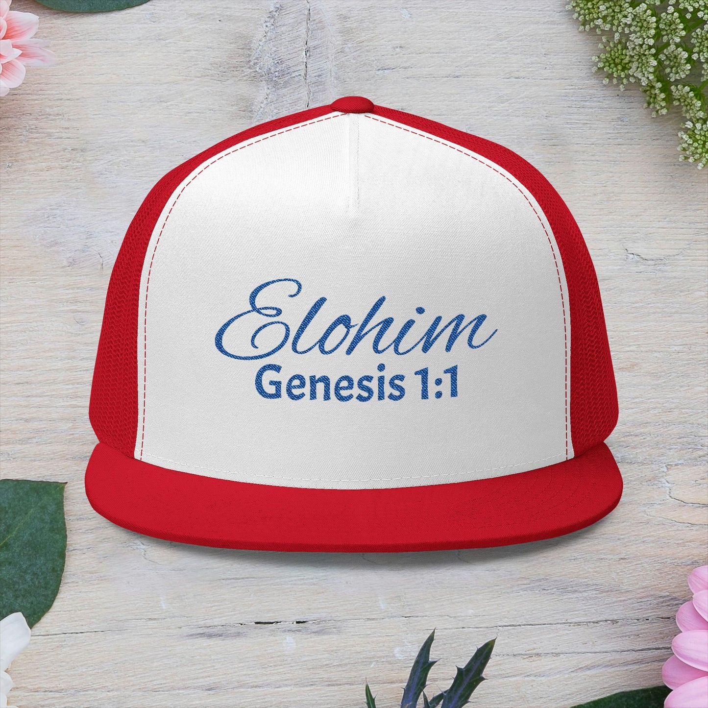 Navy 'ELOHIM, GENESIS 1:1'  Embroidered 5 Panel Trucker Cap | Casual Style Hat, Adjustable, Unisex, Perfect Gift for Outdoors, Festivals, Daily Wear