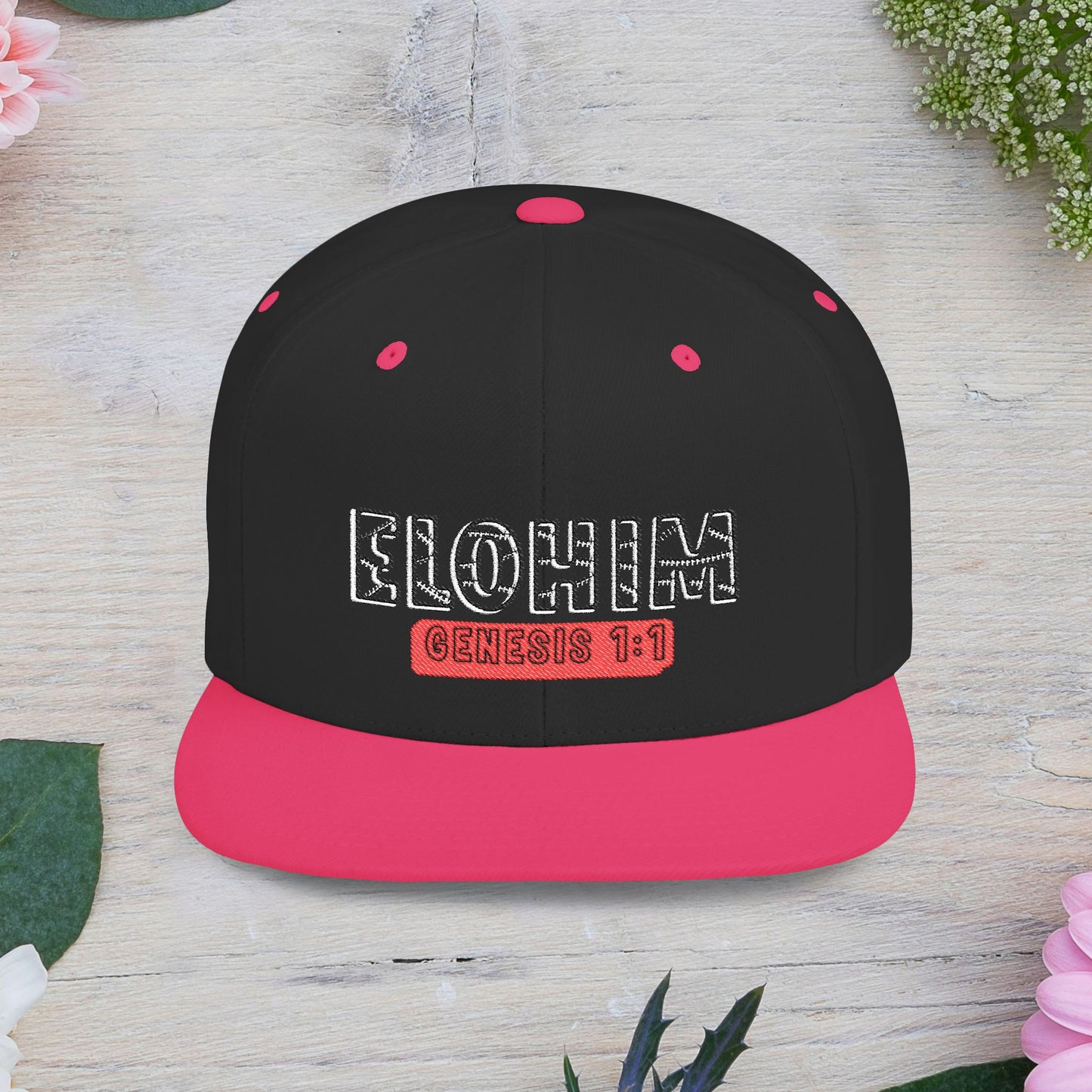 Embroidery 'ELOHIM' & 'GENESIS 1:1' Flat Bill Snapback Hat, Stylish Cap for Everyday Wear, Church Events, Gift for Him/Her, Streetwear Accessory, Casual Fashion