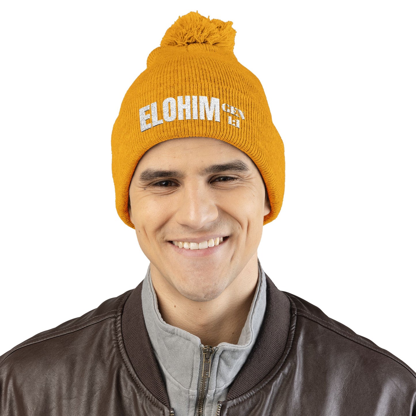 Pom-Pom Knit Cap with 'ELOHIM, GENESIS 1:1'  Embroidery Beanie - Stylish Winter Accessory for All Ages, Perfect Gift for Birthdays, Holidays, and Outdoor Activities