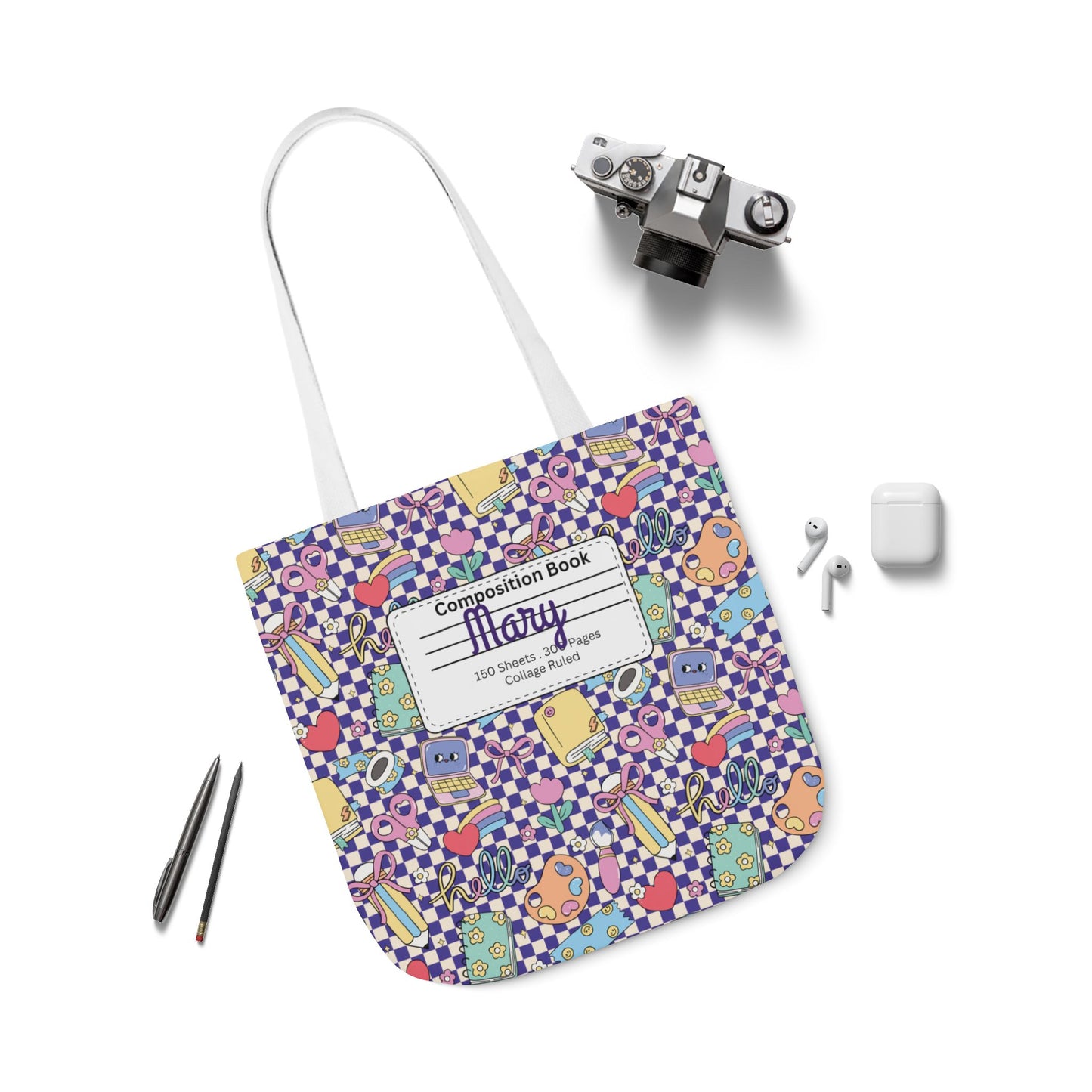 Personalized Purple Doodle Daydream Composition Book Inspired Canvas Tote Bag with Colorful Straps, Cute School Bag, Eco-Friendly Tote, Back to School Shopping Bag, Teacher Gift Idea