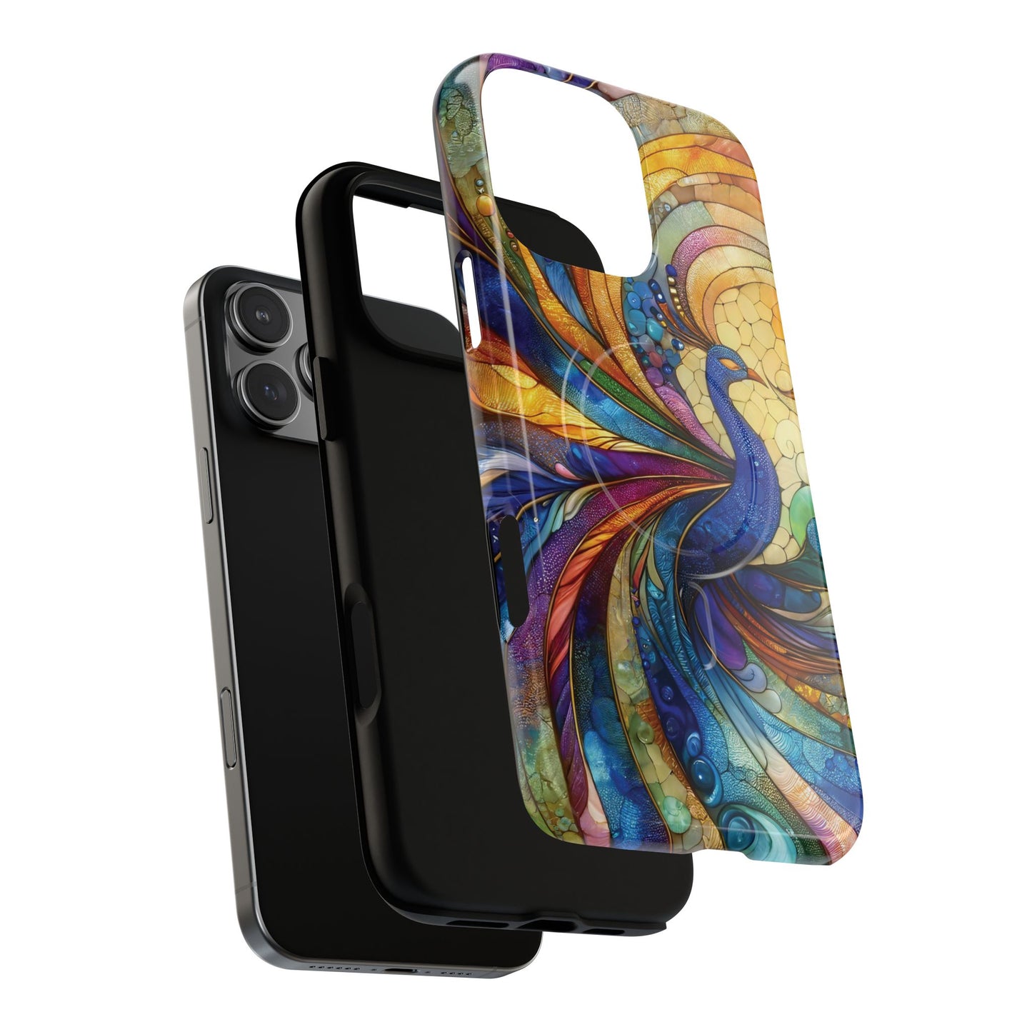 Mosaic Peacock Feathers Magnetic Phone Case, Tough Phone Shell, Vibrant Art Case, Gift for Her, Unique Phone Accessory, Wildlife Lover's Gift, Stained Glass Case.