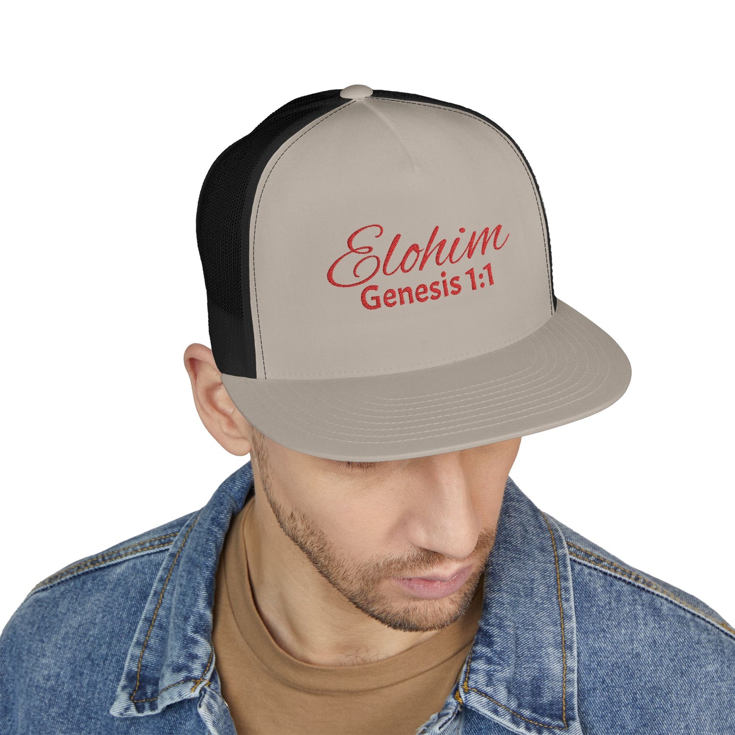 Red 'ELOHIM, GENESIS 1:1'  Embroidered 5 Panel Trucker Cap | Casual Style Hat, Adjustable, Unisex, Perfect Gift for Outdoors, Festivals, Daily Wear