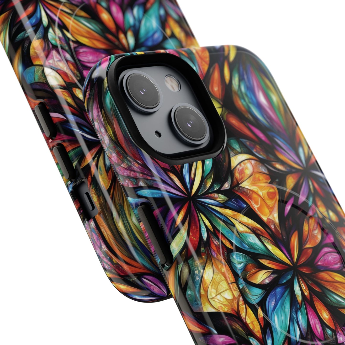 Luminous Whirl Tough Magnetic iPhone Cases, Vibrant Protection, Unique Floral Print, Durable Cover, Gift for Tech Lovers, iPhone Accessory, Stained Glass iPhone Design.