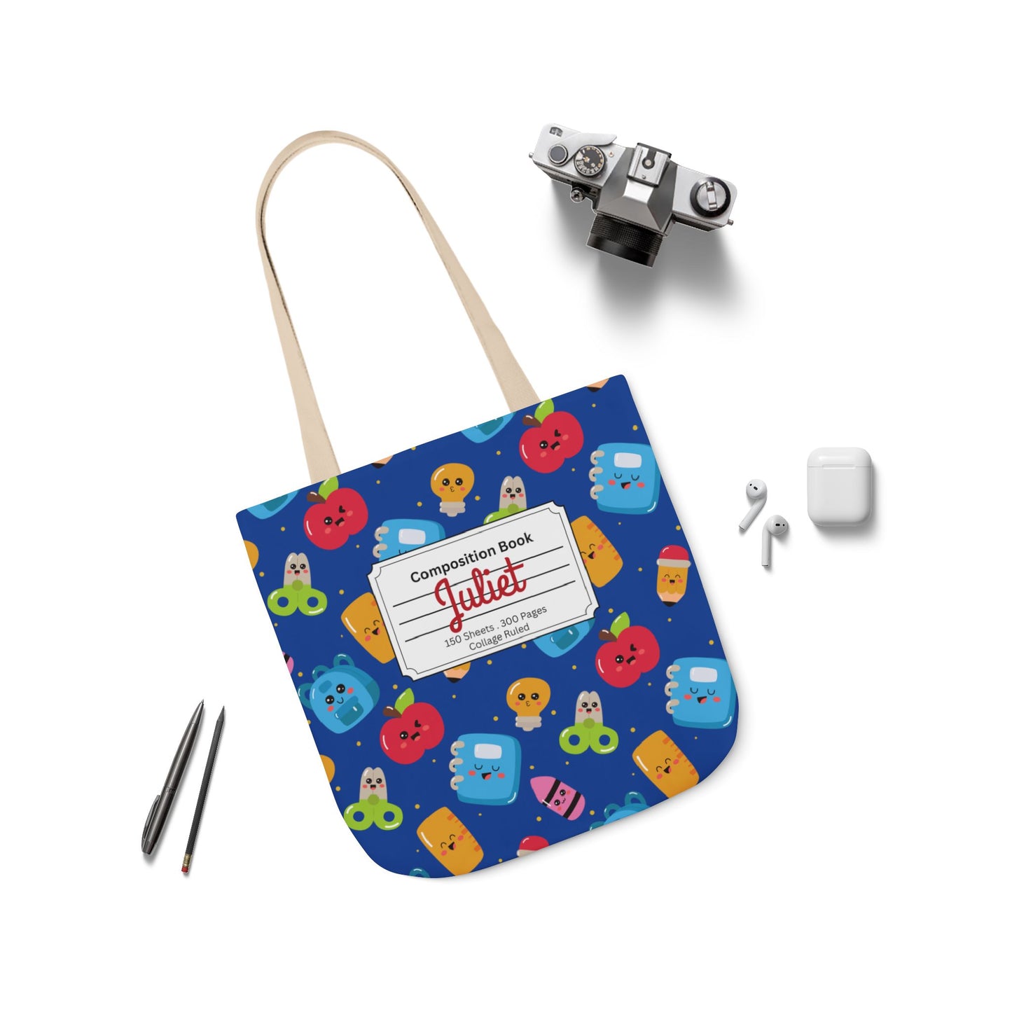 Personalized Blue Kawaii Composition Book Inspired Canvas Tote Bag with Colorful Straps, Cute School Bag, Eco-Friendly Tote, Back to School Shopping Bag, Teacher Gift Idea