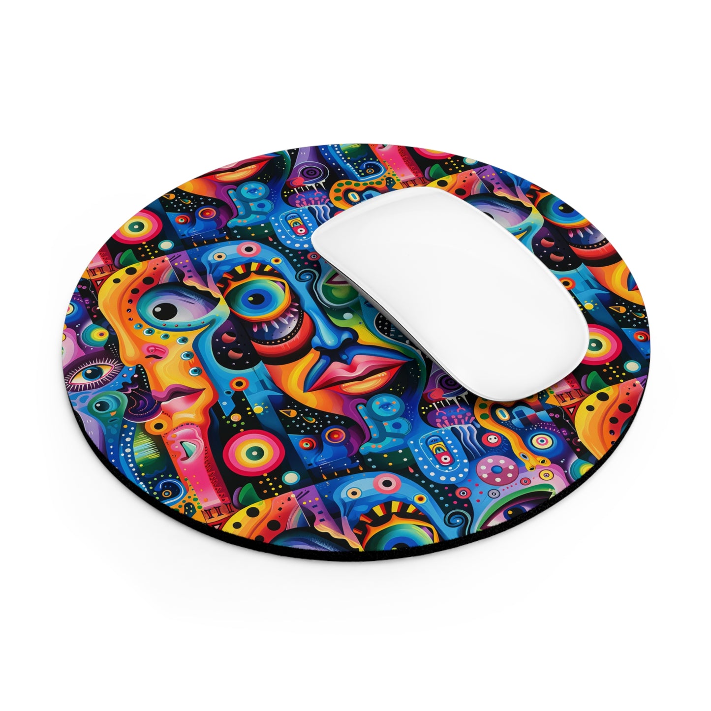 Psychedelic Visions Colorful Abstract Faces Mouse Pad - Artistic Desk Accessory